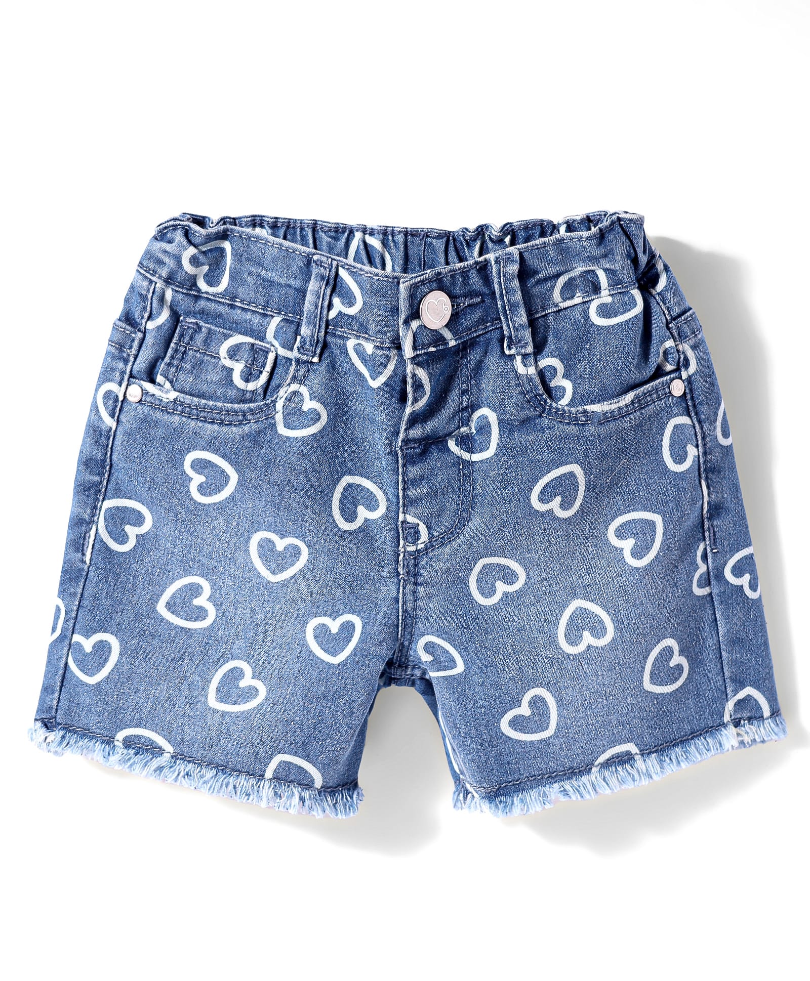 Babyhug Mid Thigh Denim Shorts With Stretch & Heart Print - Blue