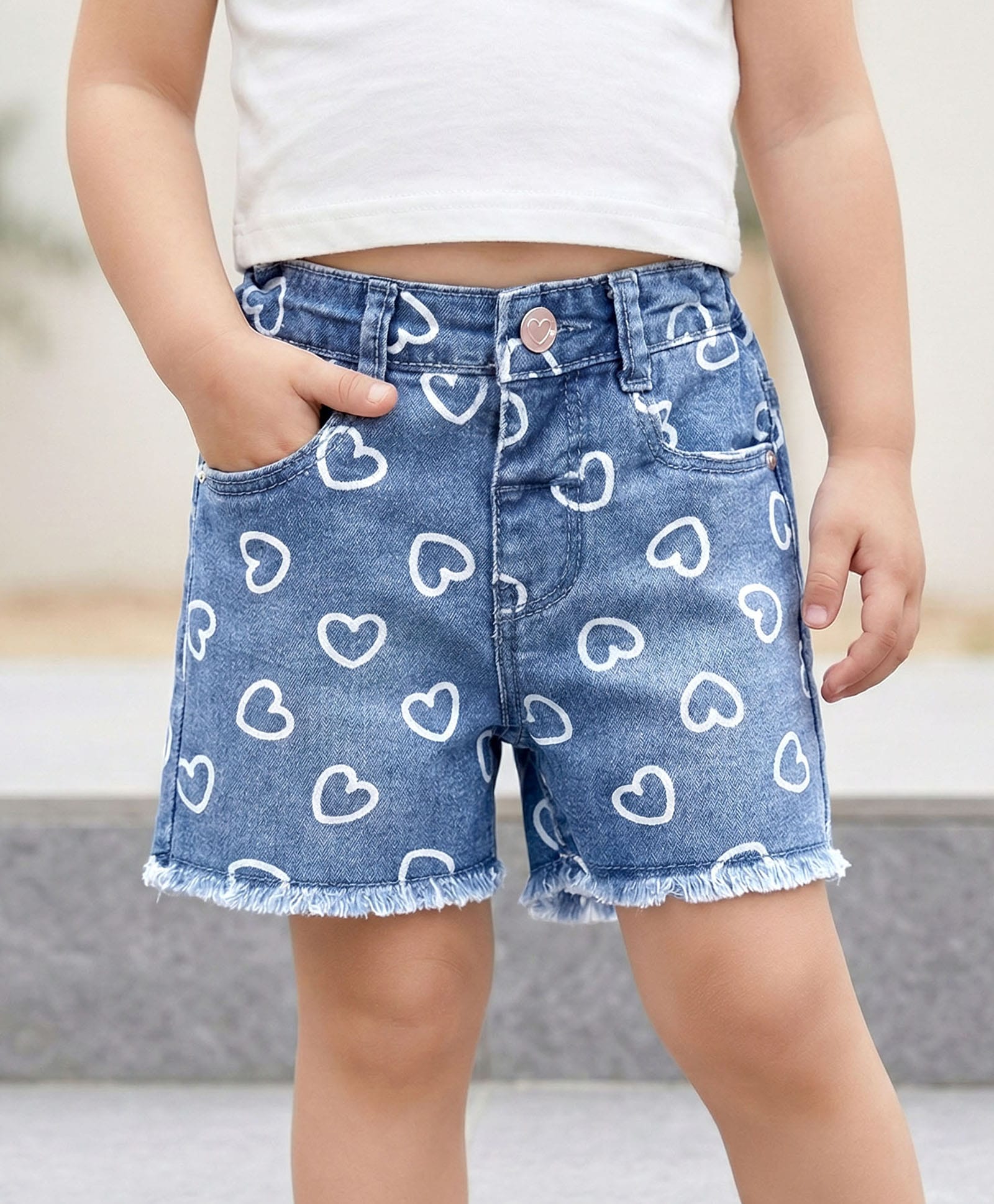 Babyhug Mid Thigh Denim Shorts With Stretch & Heart Print - Blue-image-12