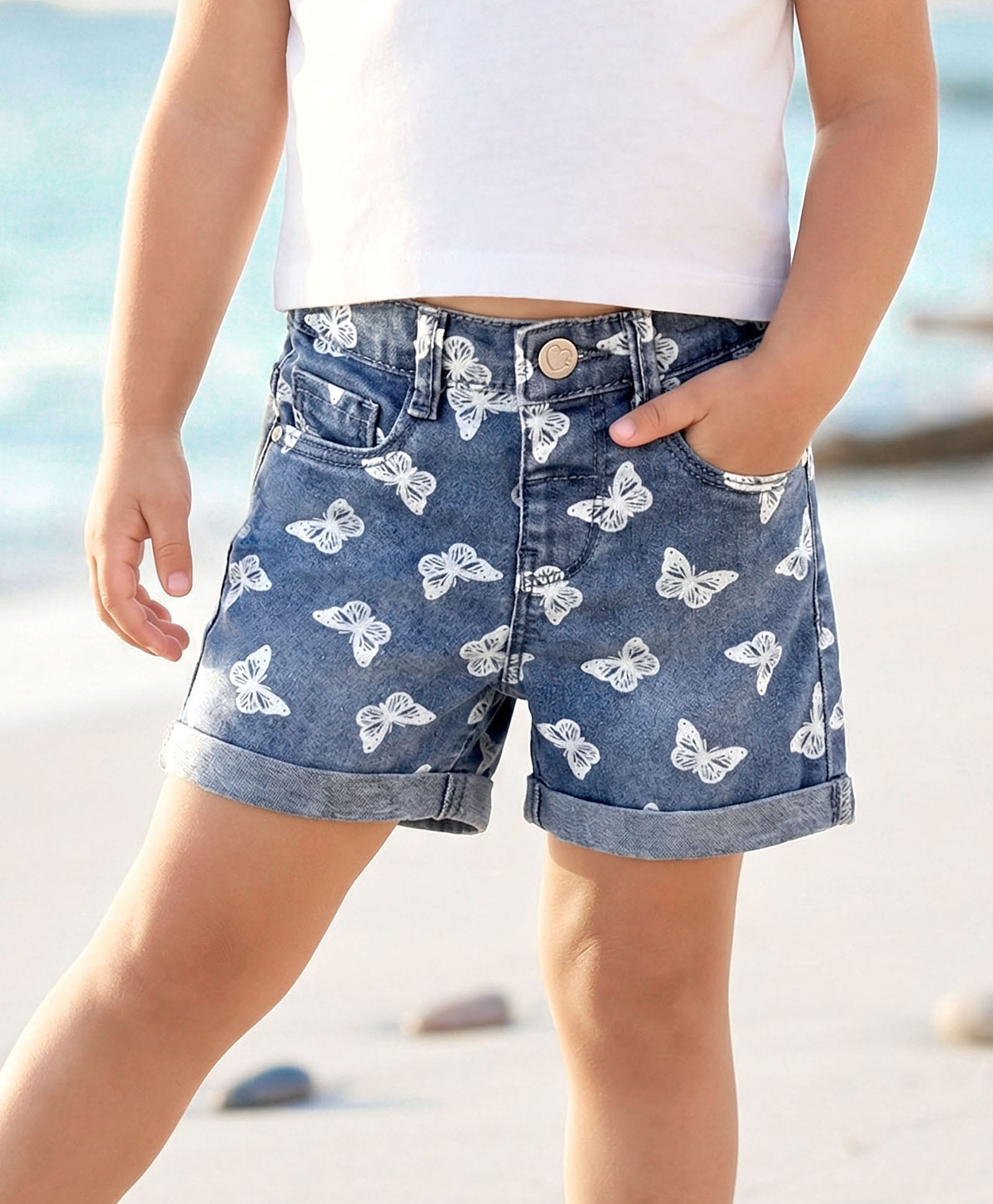 Babyhug Twill Denim Mid Thigh Shorts With Stretch Butterfly Print - Navy Blue-picture-17