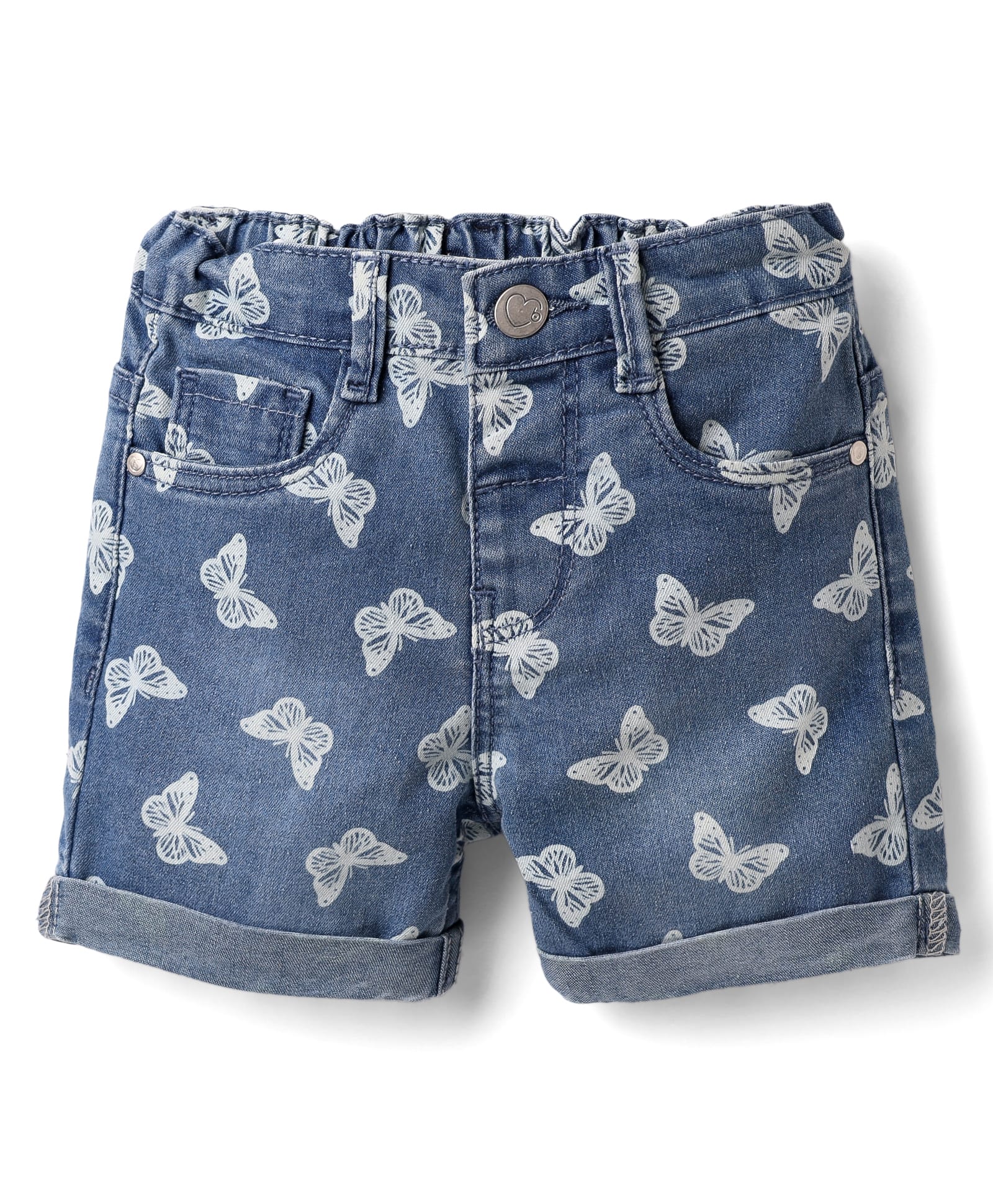 Babyhug Twill Denim Mid Thigh Shorts With Stretch Butterfly Print - Navy Blue