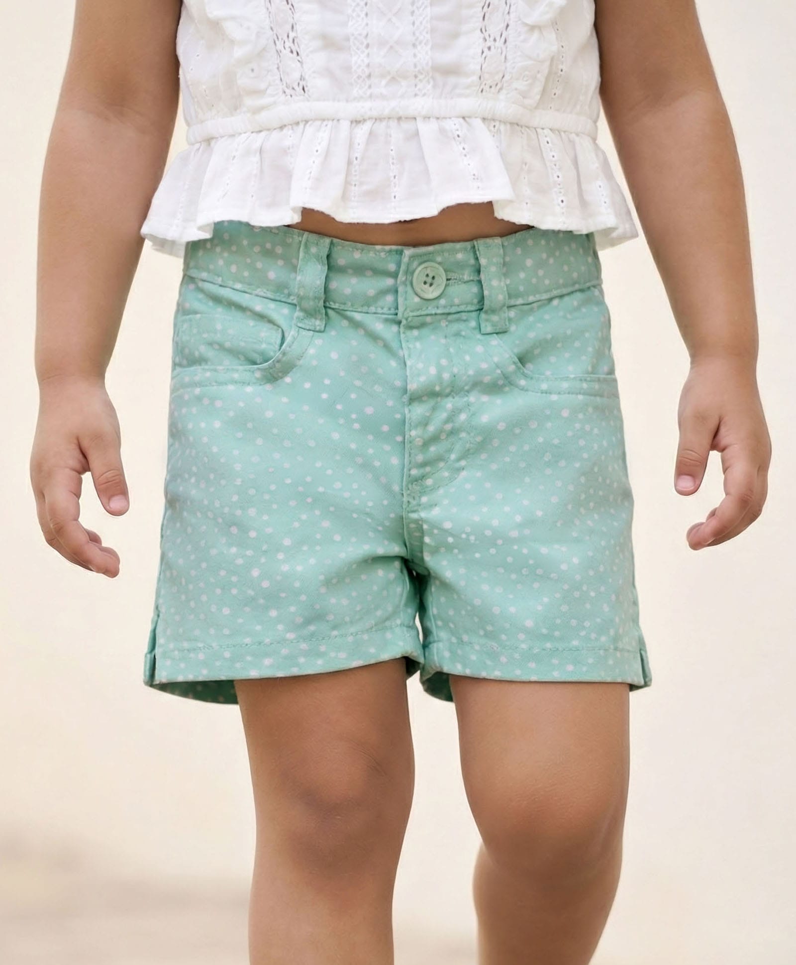 Babyhug Mid Thigh Twill Shorts With Stretch & Polka Dot Print - Sea Green-image-2