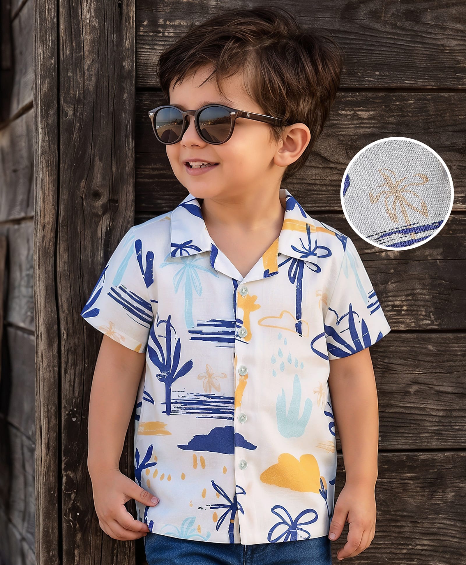 Kookie Kids Woven Half Sleeves Shirt With Tree Print - Off White-image-36