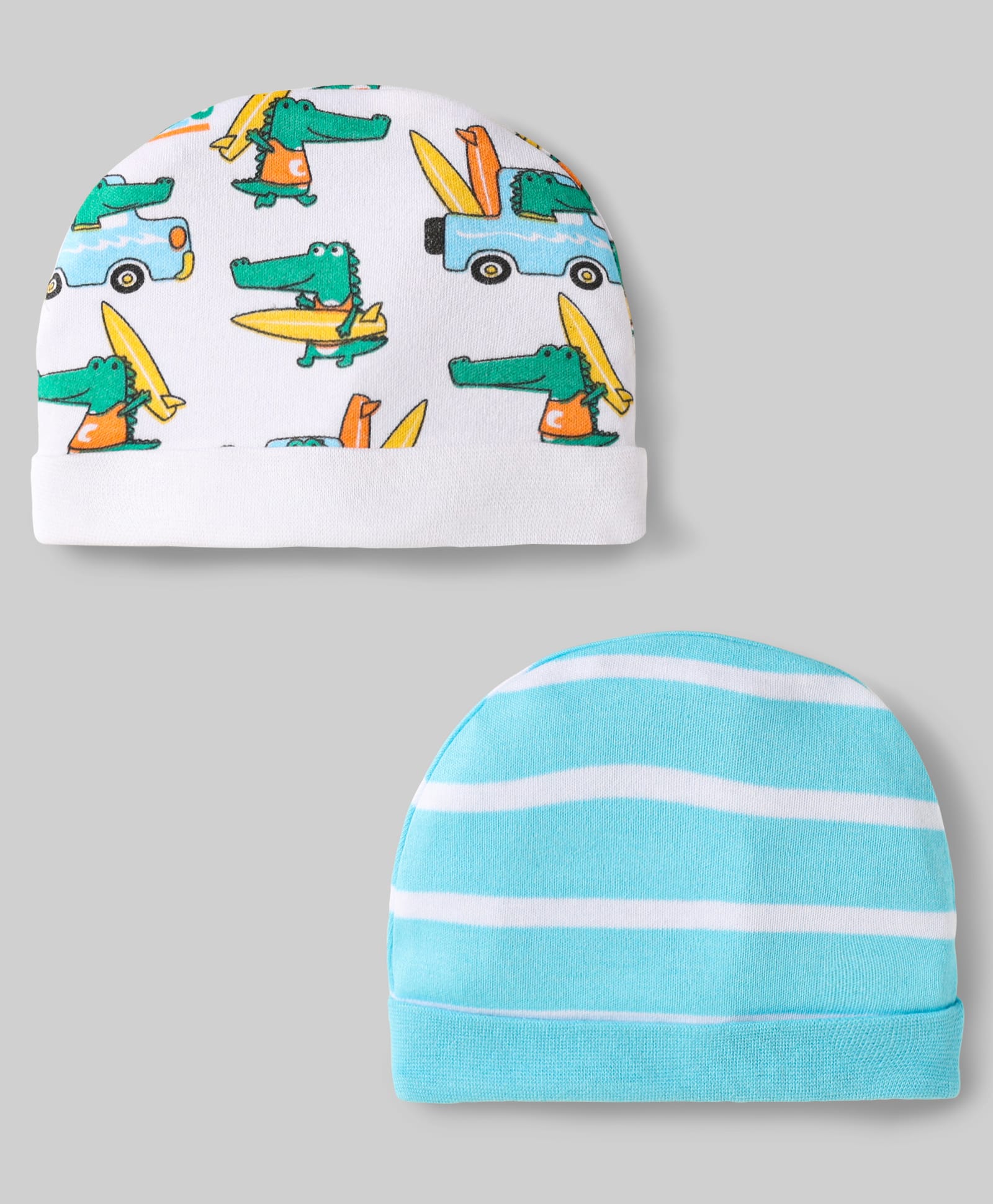 Babyhug 100% Cotton Interlock Knit Caps With Vehicle & Stripes Print Pack Of 2 Light Blue & White - Diameter 17.5 cm-image-40