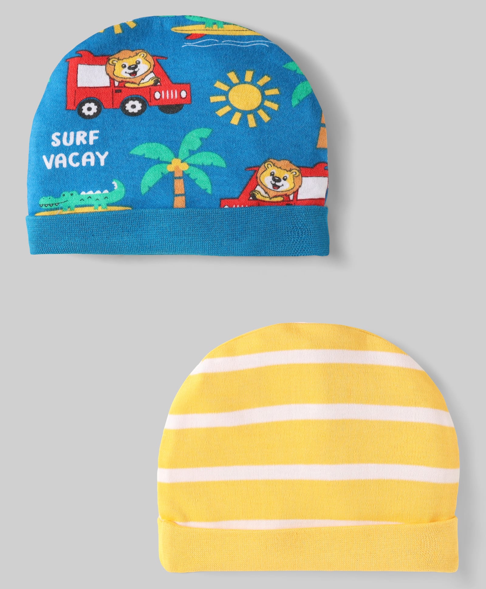 Babyhug 100% Cotton Interlock Knit Caps With Stripes & Tropical Theme Pack Of 2 Yellow & Blue - Diameter 17 cm
