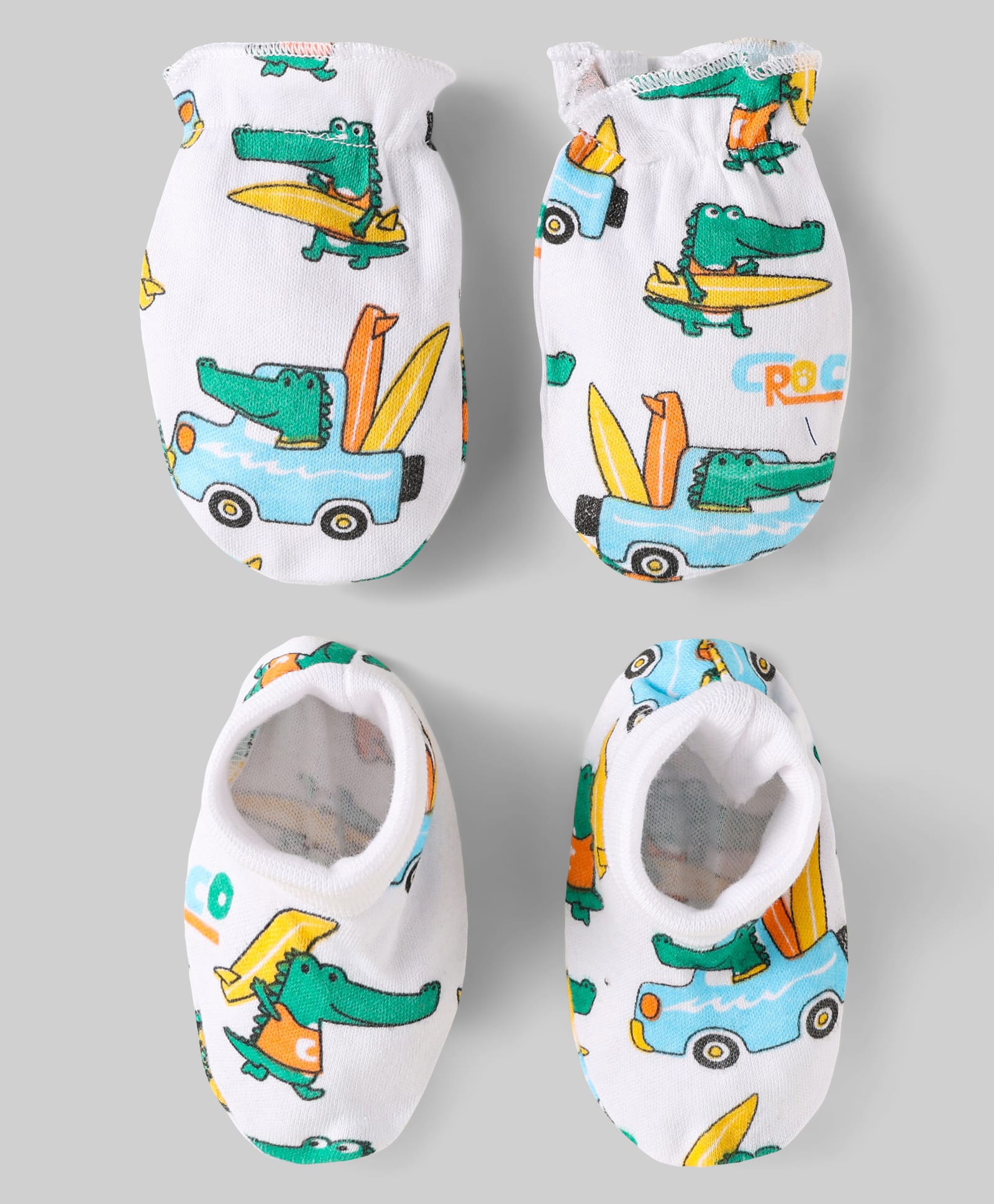 Babyhug 100% Cotton Mittens & Booties Set With Vehicle Print Pack Of 2 - White-image-15