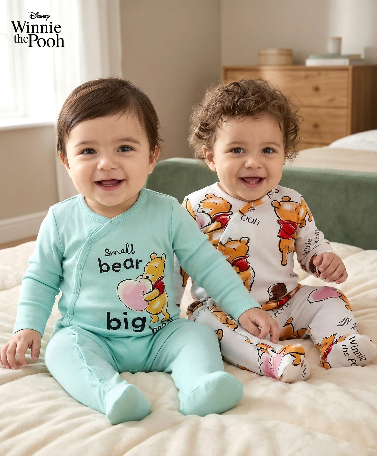 Babyoye Disney Interlock Knit Full Sleeves Front Open Footed Sleep Suits with Winnie the Pooh Graphics Pack of 2 - White & Sea Green-image-20