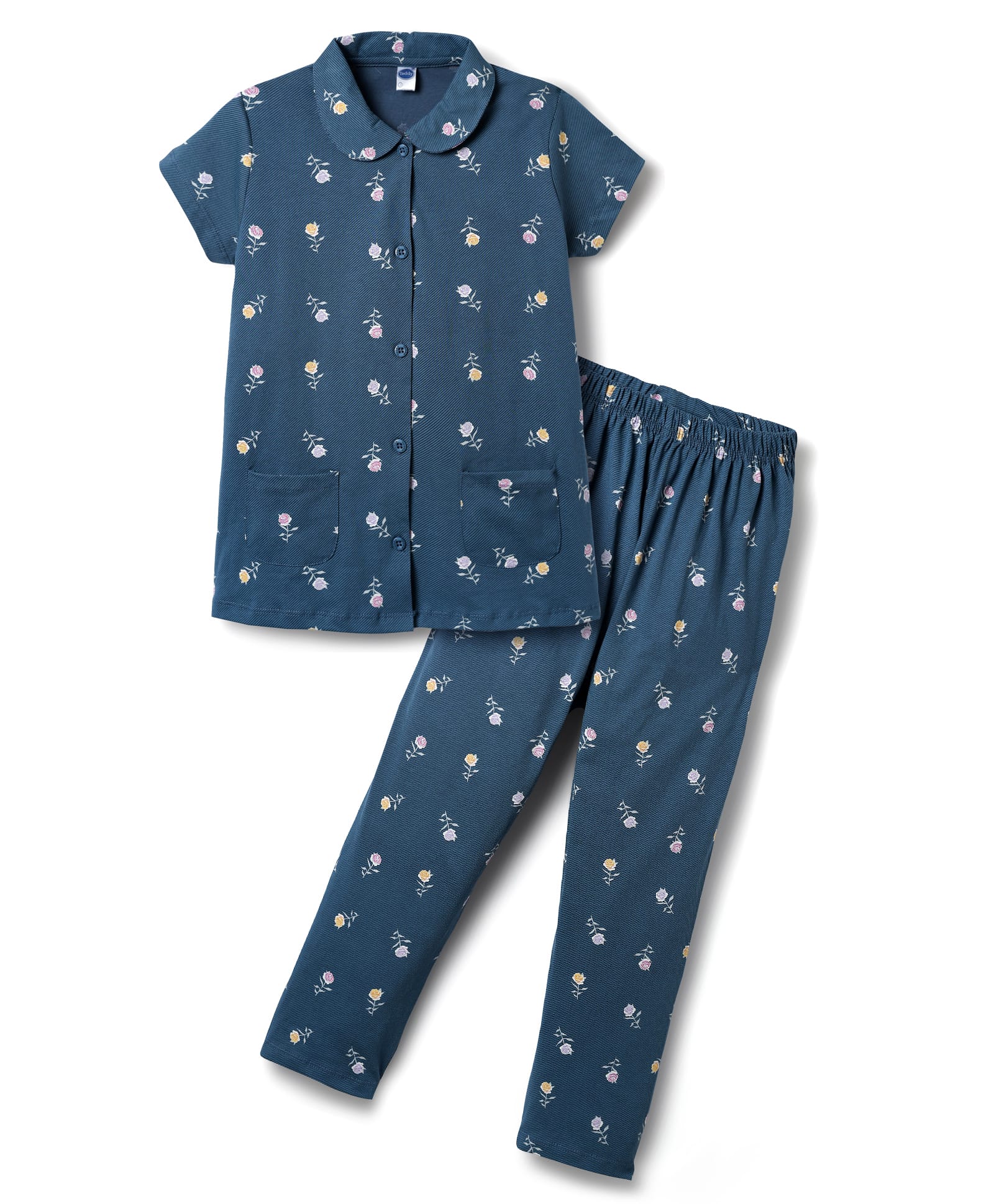 Teddy Cotton Knit Half Sleeves Co-ords Night Suit with Floral Print - Navy Blue-image-28