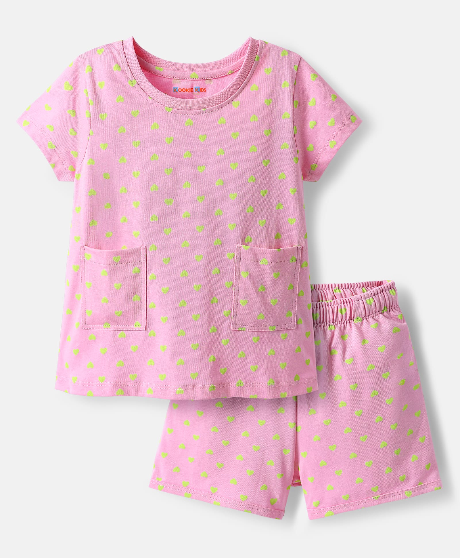 Kookie Kids Knit Half Sleeves Shorts Co-Ord Night Suit With Heart Print & Front Pockets - Light Pink-image-41