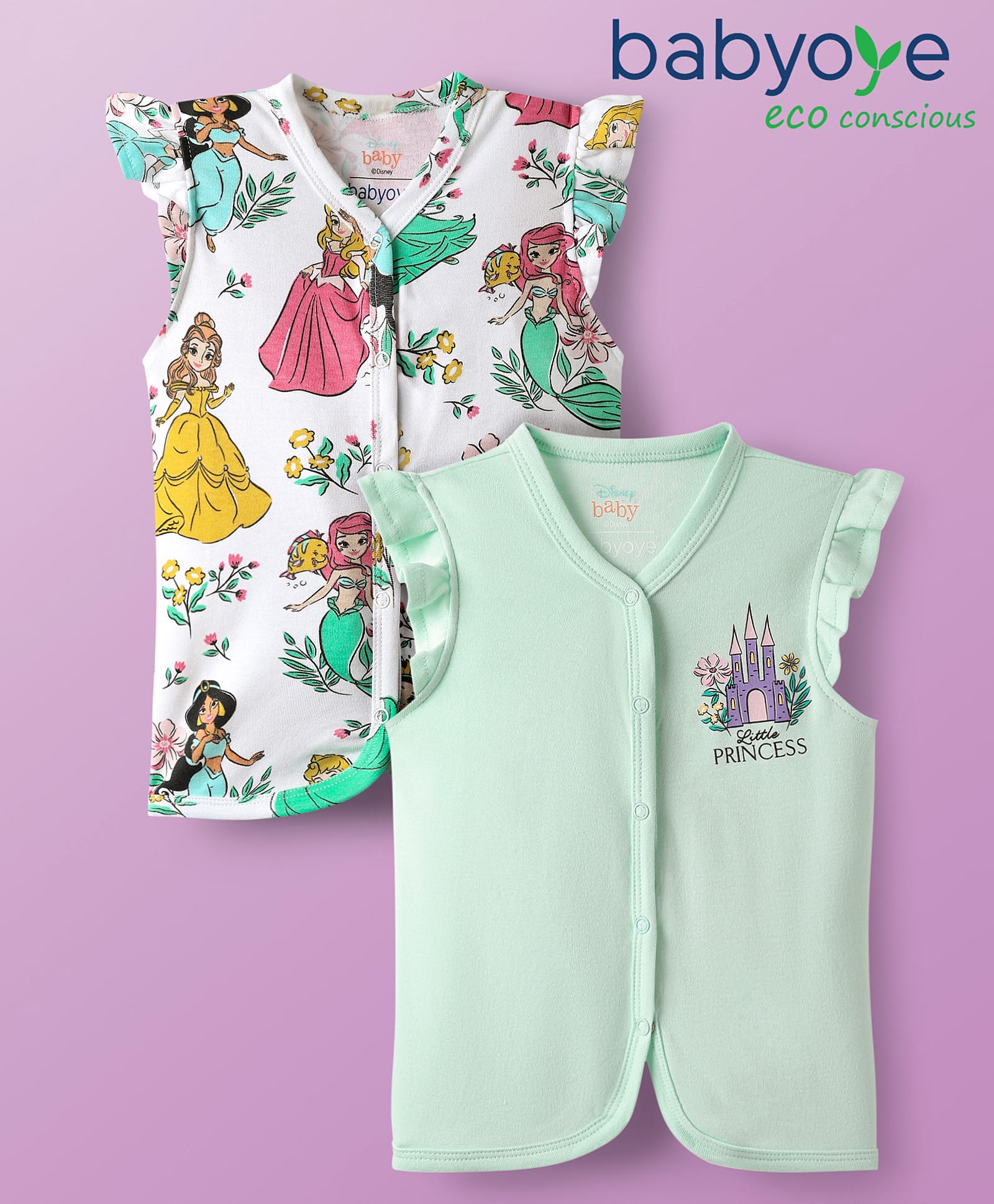 Babyoye Disney Interlock Knit Frill Sleeves Jhablas With Disney Princess Graphics Pack of 2 - White & Light Green-picture-14