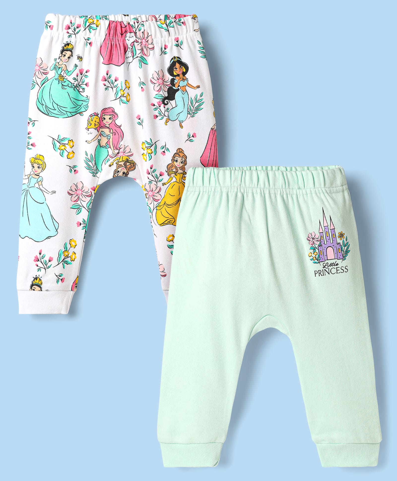Babyoye Disney Interlock Knit Full Length Diaper Leggings With Disney Princess Graphics Pack Of 2 - White & Light Green-picture-23