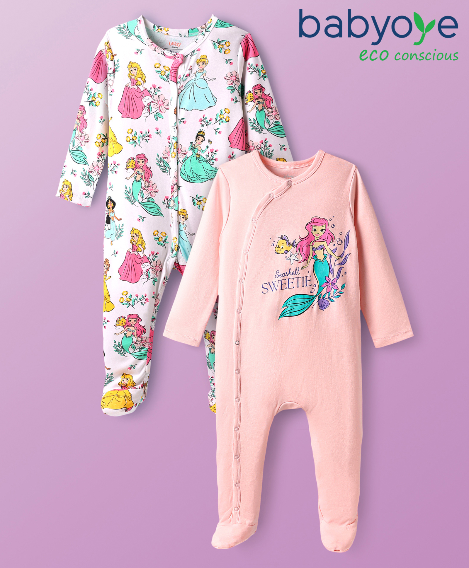 Babyoye Disney Interlock Knit Full Sleeves Footed Sleep Suits With Disney Princess Graphics Pack of 2 - White & Light Pink-picture-44