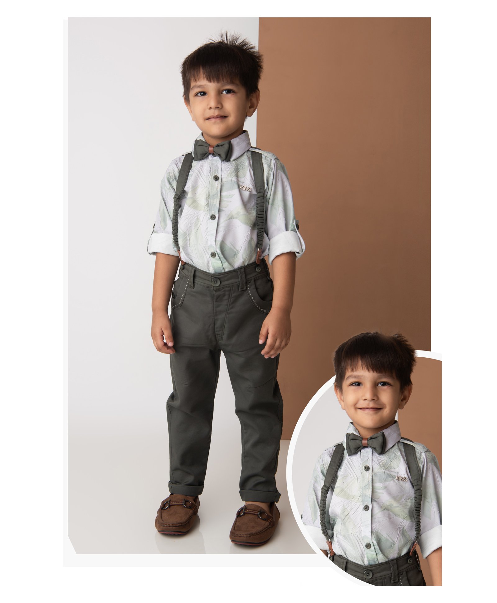 LITTLE COLLARS Full Sleeves Leaves Printed Shirt & Trousers With Suspender & Bow Set - Green-image-20