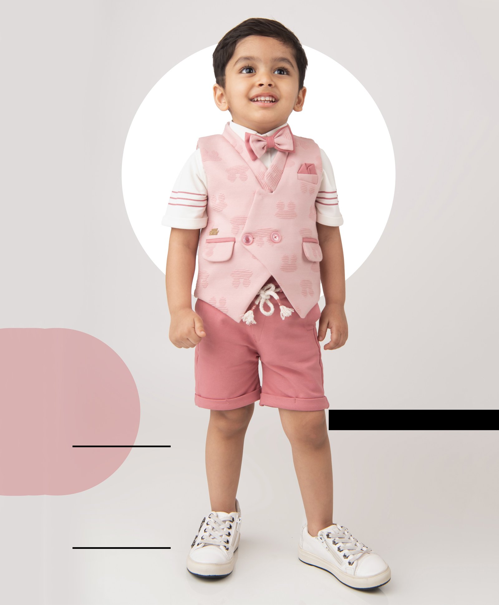 LITTLE COLLARS Super Soft Cotton Blended Half Sleeves Striped Shirt With Textured Jacquard Waistcoat Shorts & Bow Set - Powder Pink-picture-22