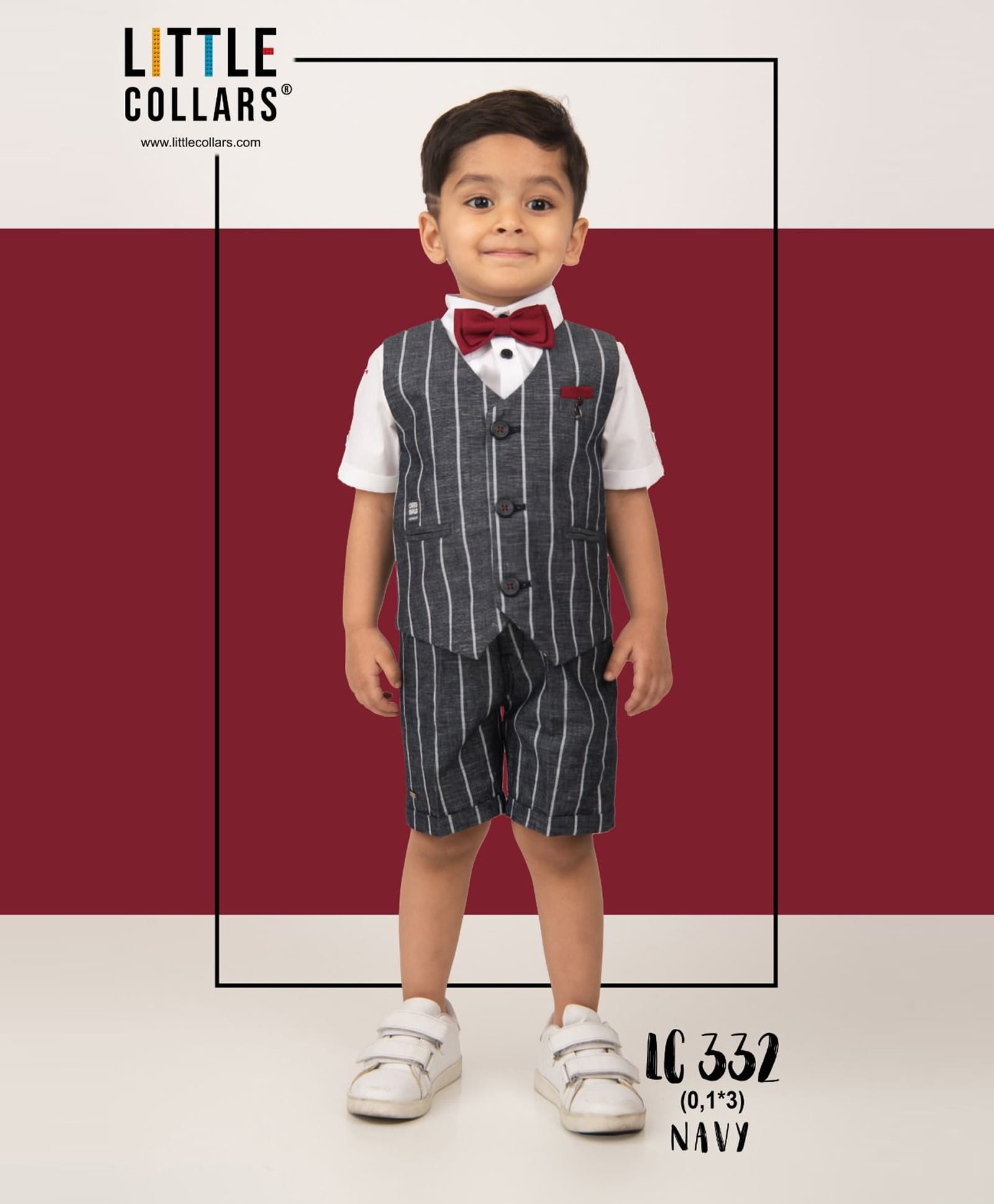 LITTLE COLLARS Super Soft Half Sleeves Solid Shirt With Striped Waistcoat Shorts & Bow Set - Navy Blue-picture-23