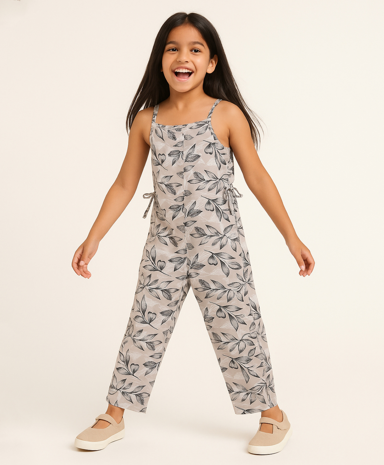 Tales & Stories Rayon Sleeveless Leaves Printed Dungaree - Beige-picture-14