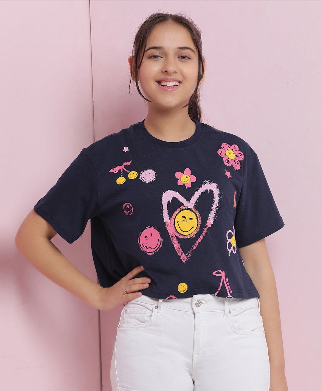 Lil Tomatoes Cotton Jersey Half Sleeves Heart Printed Crop Top - Navy Blue-picture-25