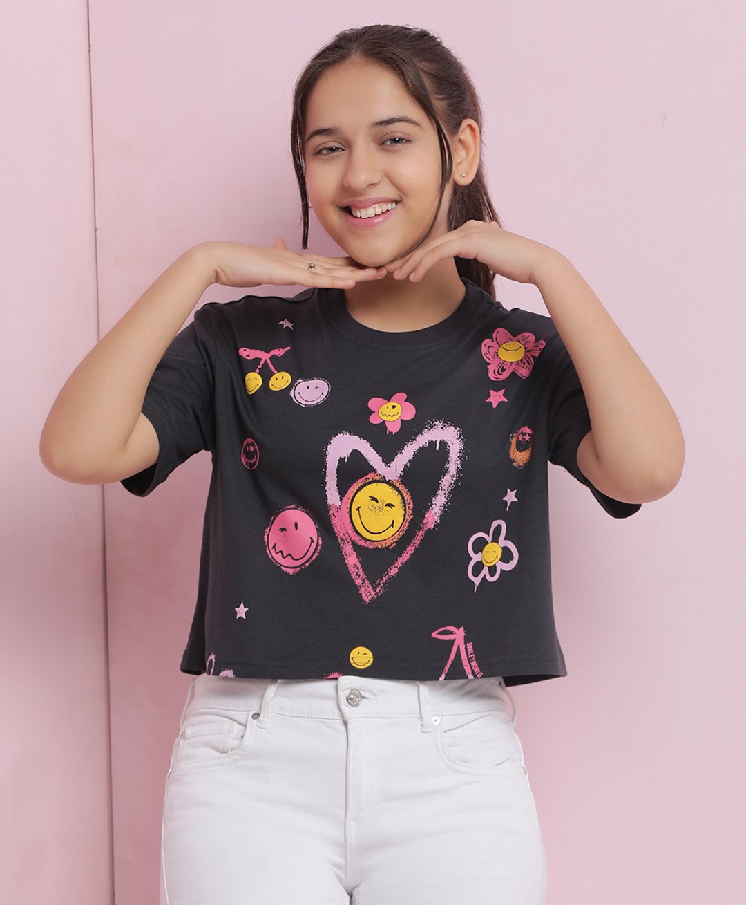 Lil Tomatoes Cotton Jersey Half Sleeves Heart Printed Crop Top - Charcoal-image-15