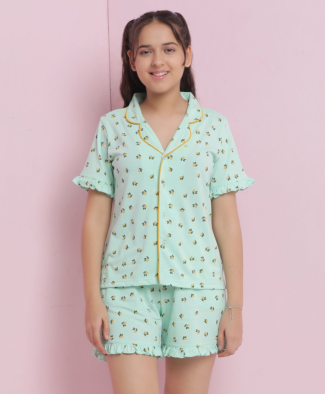 Lil Tomatoes Cotton Jersey Knit Half Sleeves Lemon Printed Coordinating Night Suit Set - Light Green-image-24