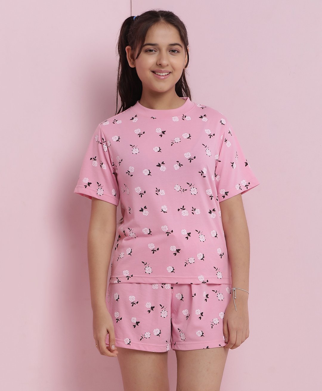 Lil Tomatoes Cotton Jersey Knit Half Sleeves Floral Printed Coordinating Night Suit Set - Pink-picture-29