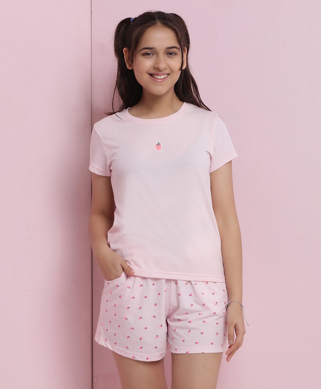 Lil Tomatoes Cotton Jersey Knit Half Sleeves Strawberry Printed Coordinating Night Suit Set - Pink-picture-17