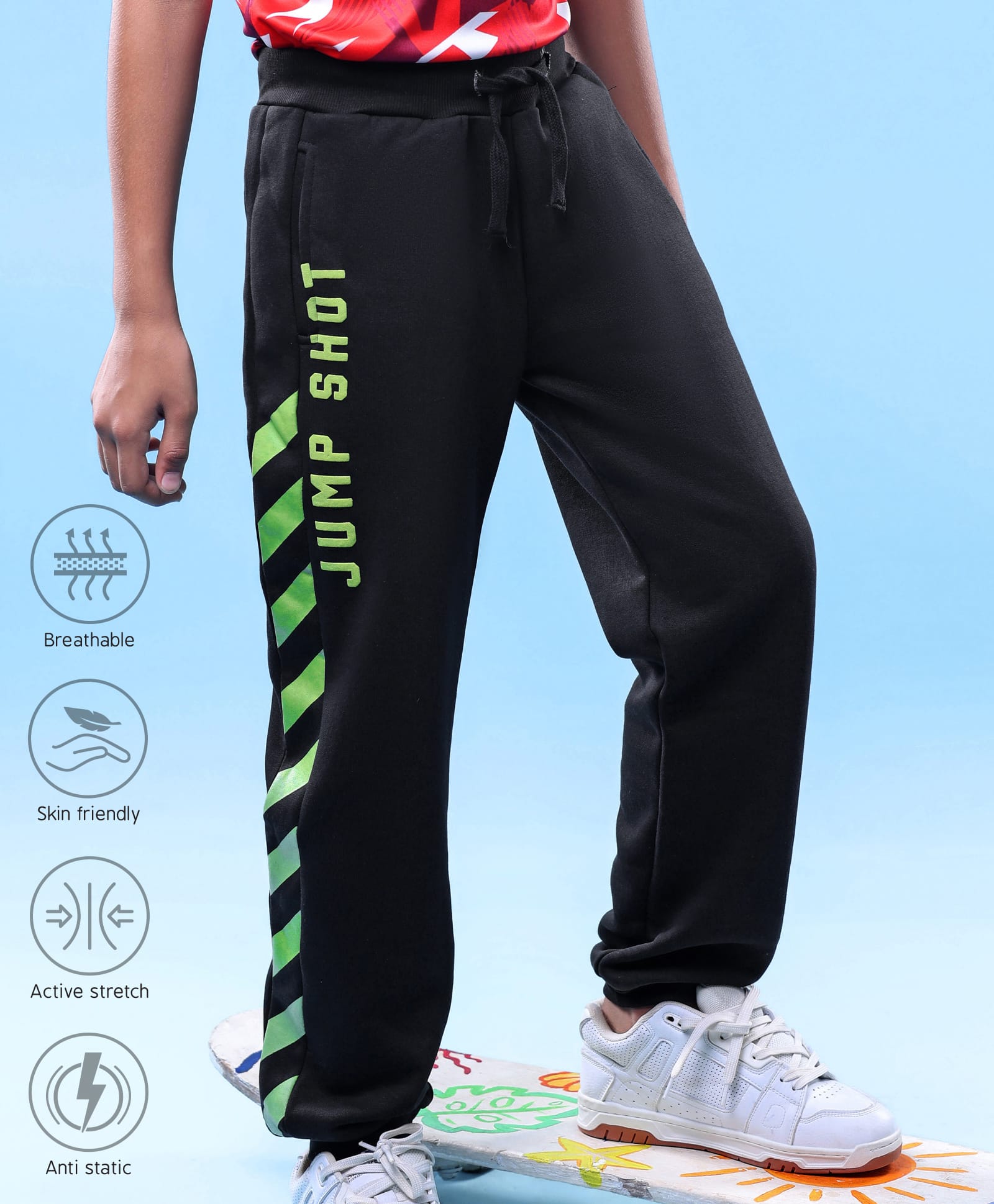 Pine Active Knit Full Length Super Stretch Cut & Sew Joggers with Text Puff Print - Black