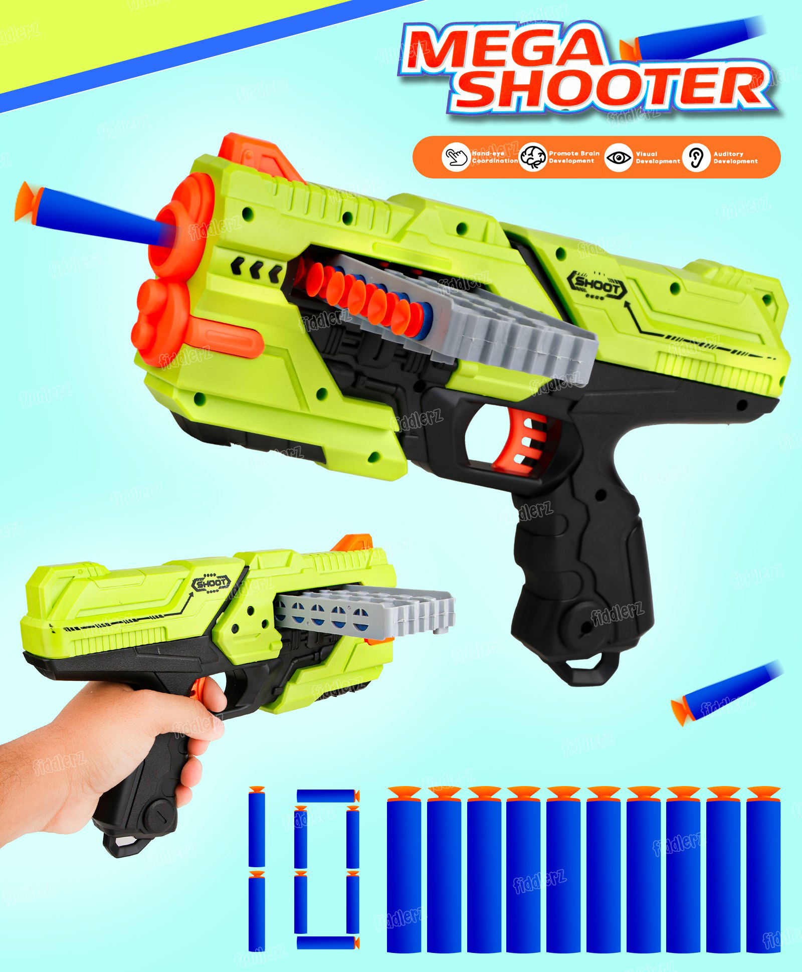 Fiddlerz Mega Shooter Soft Bullet Gun Toy for Kids Manual Loading Blaster with 10 Foam Darts Target Shooting Game Fun Outdoor Play Adventure Foam Dart Guns & Blasters for Boys and Girls (Green)-image-22