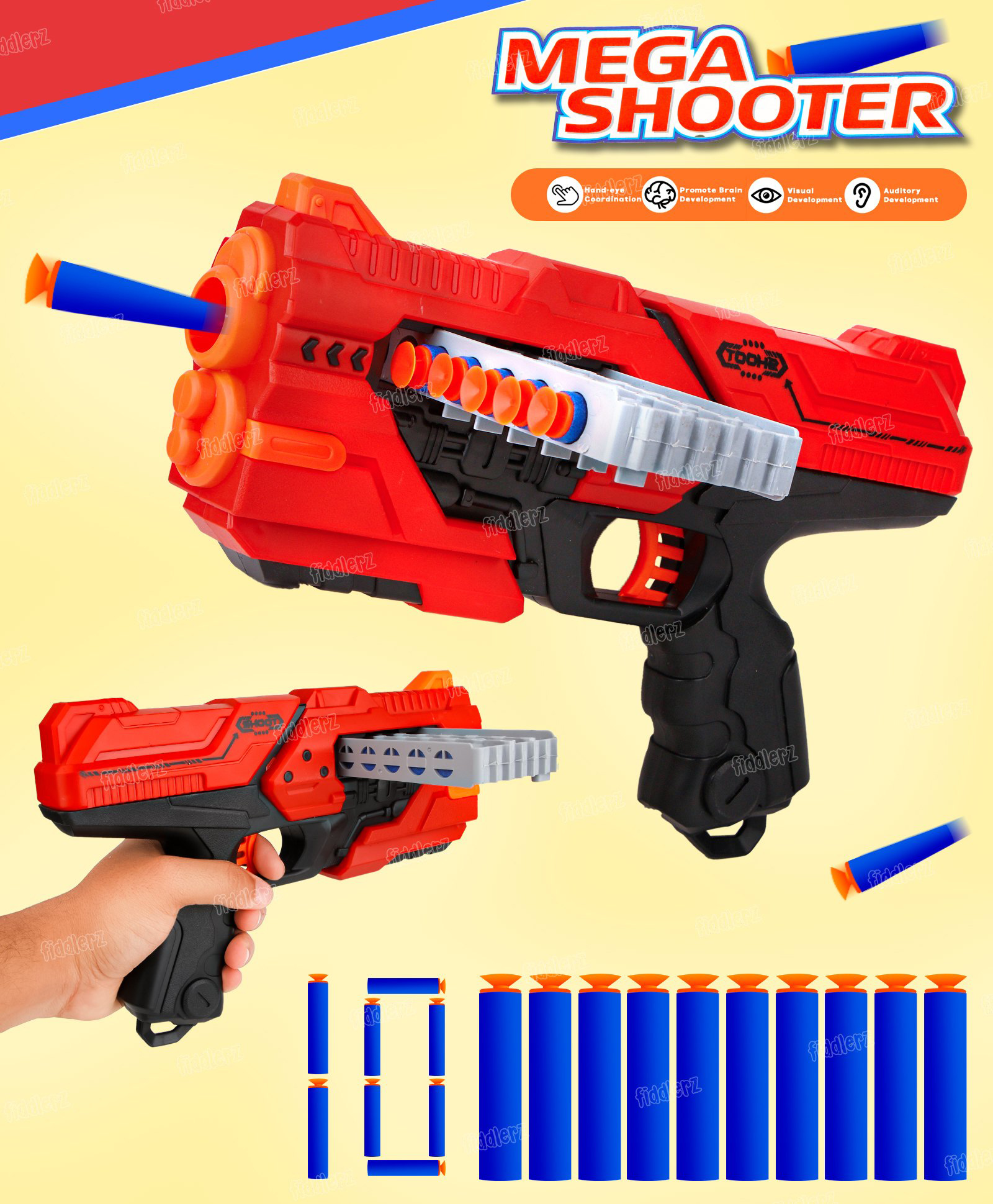 Fiddlerz Mega Shooter Soft Bullet Gun Toy for Kids Manual Loading Blaster with 10 Foam Darts Target Shooting Game Fun Outdoor Play Adventure Foam Dart Guns & Blasters for Boys and Girls (Red)-image-6