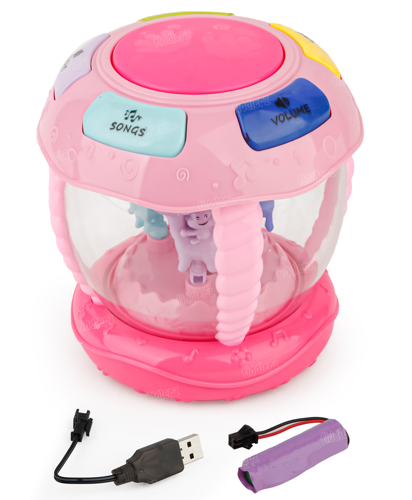 Fiddlerz Musical Rotating Drum Toy for Kids Interactive Light-Up Spinning Ball Game Rechargeable Battery with Music and Sound Effects (Pink)-picture-27
