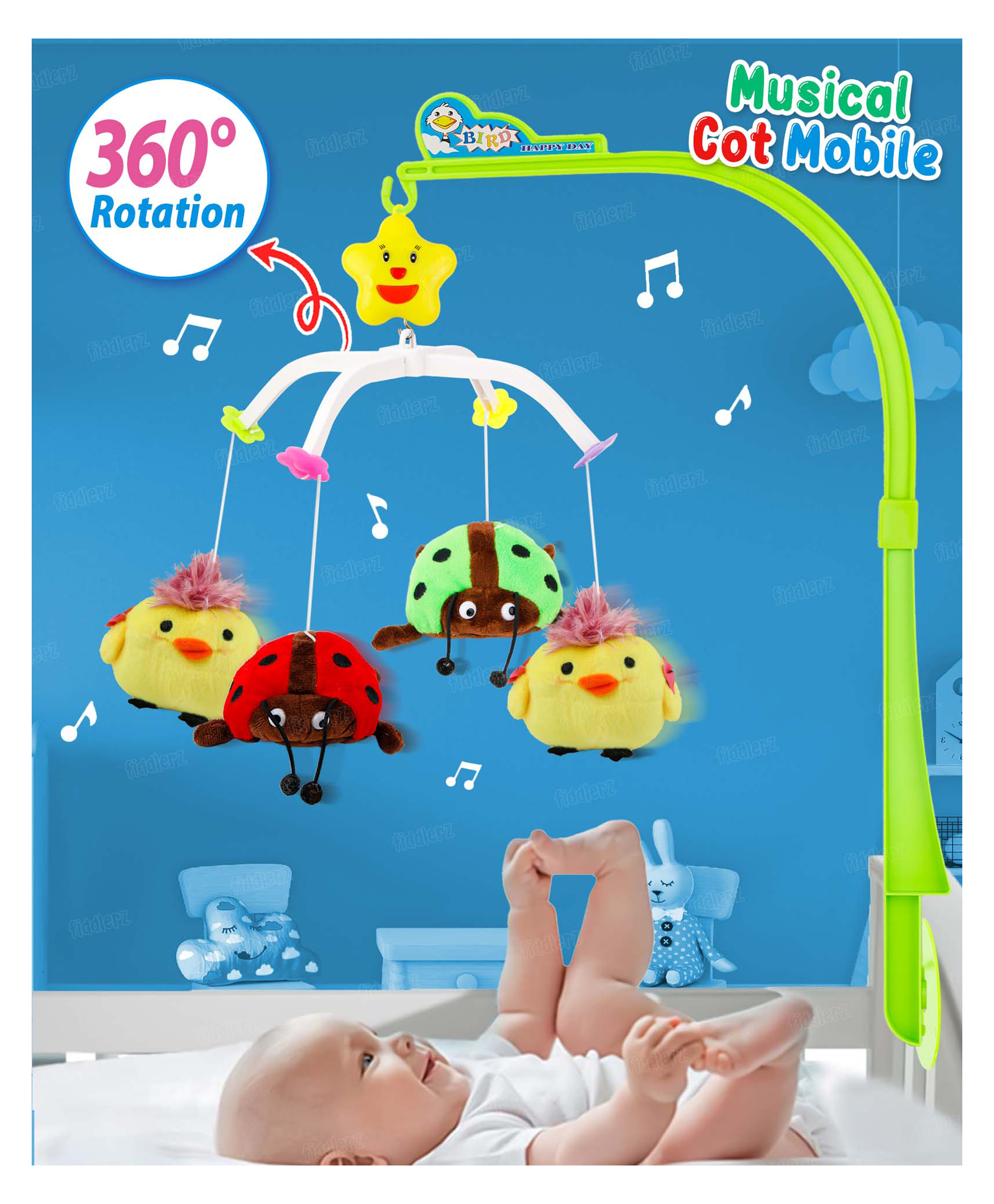 Fiddlerz Musical Cot Mobile for Babies Nursery Crib Toys & Mobiles with Rotating Plush Toys Soothing Melodies and Hanging Stars for Crib Entertainment-image-32
