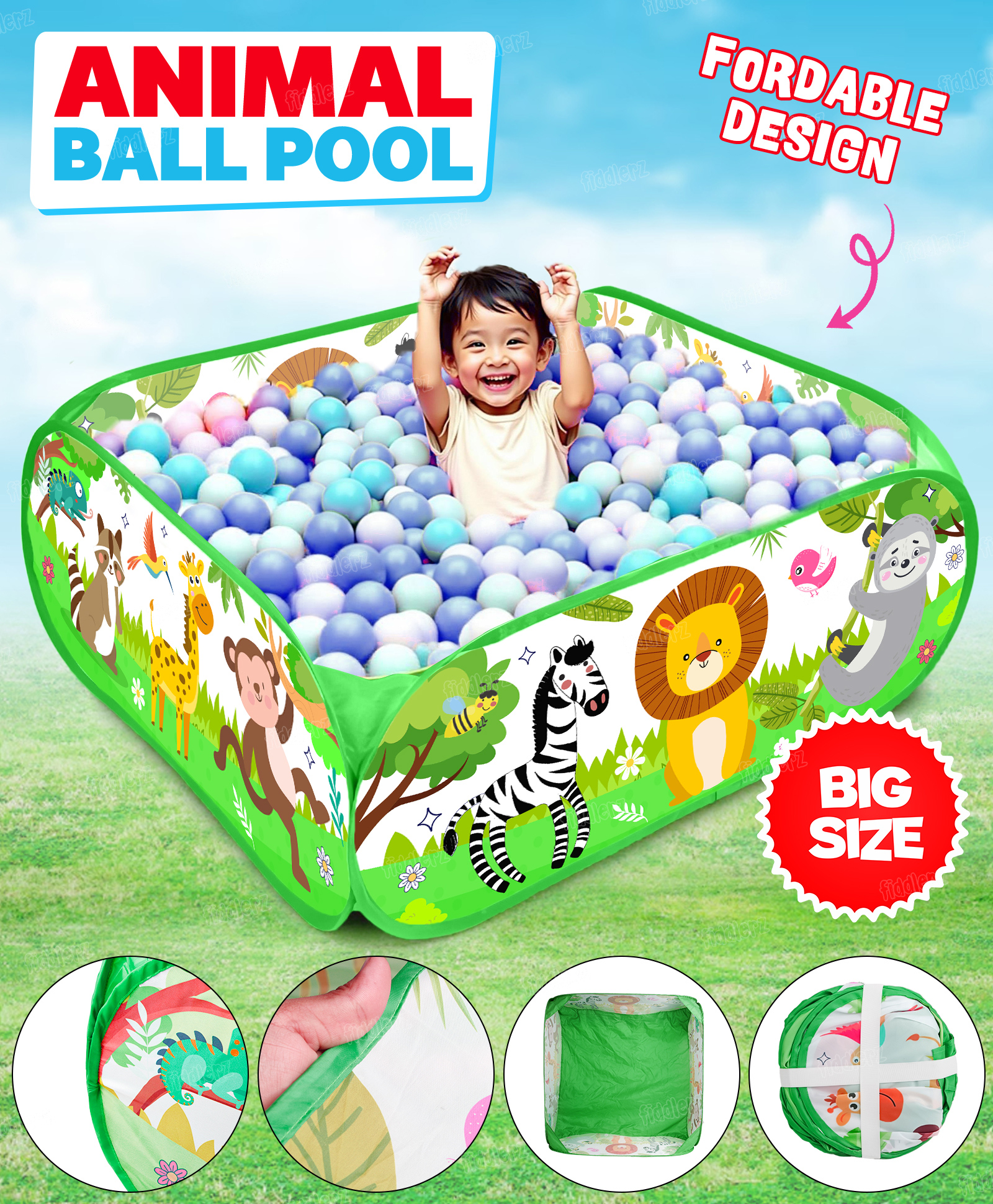 Fiddlerz Zoo Ball Pool Play Tent for Kids Large Foldable Pop-Up Indoor Outdoor 4 Side with Colorful Design Safe and Durable Fun Activity Playhouse for Boys and Girls (Balls Not Included)-image-11
