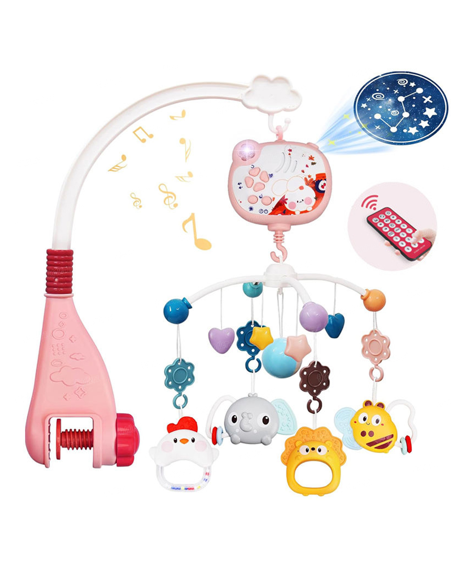 Fiddlerz Musical Rotating Baby Crib Mobile with Hanging Toys Soothing Melodies and Night Light Battery Operated Nursery Cot Bed Bell for Newborns and Infants (Pink)-image-38