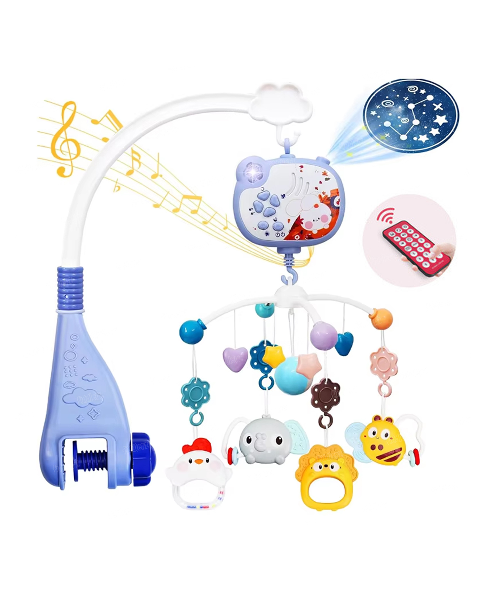 Fiddlerz Musical Rotating Baby Crib Mobile with Hanging Toys Soothing Melodies and Night Light Battery Operated Nursery Cot Bed Bell for Newborns and Infants (Purple)-image-44