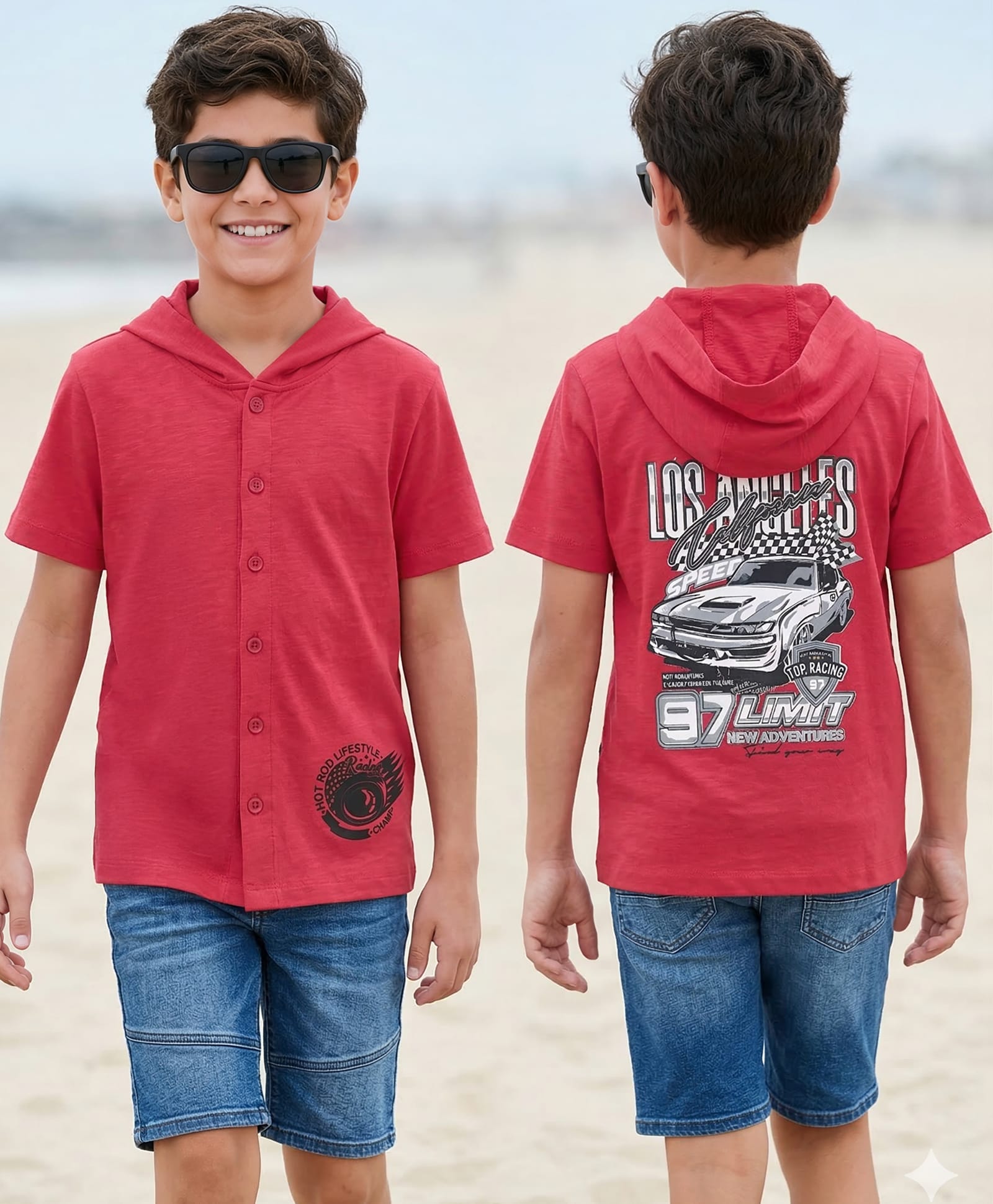 Kookie Kids Knit Half Sleeves Hooded Shirt with Text Print - Red-image-33