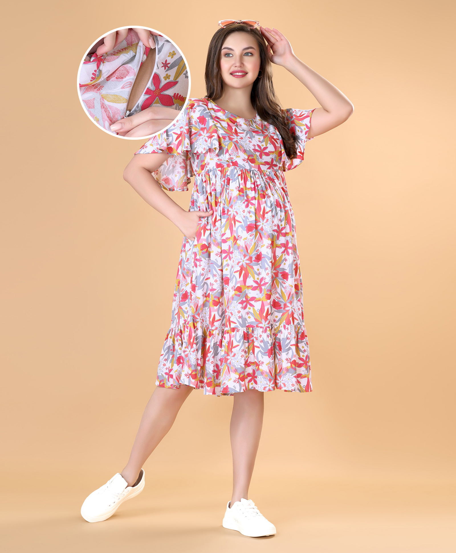 Bella Mama Woven Flutter Sleeves Maternity Dress Floral Print with Side Pockets - White & Pink