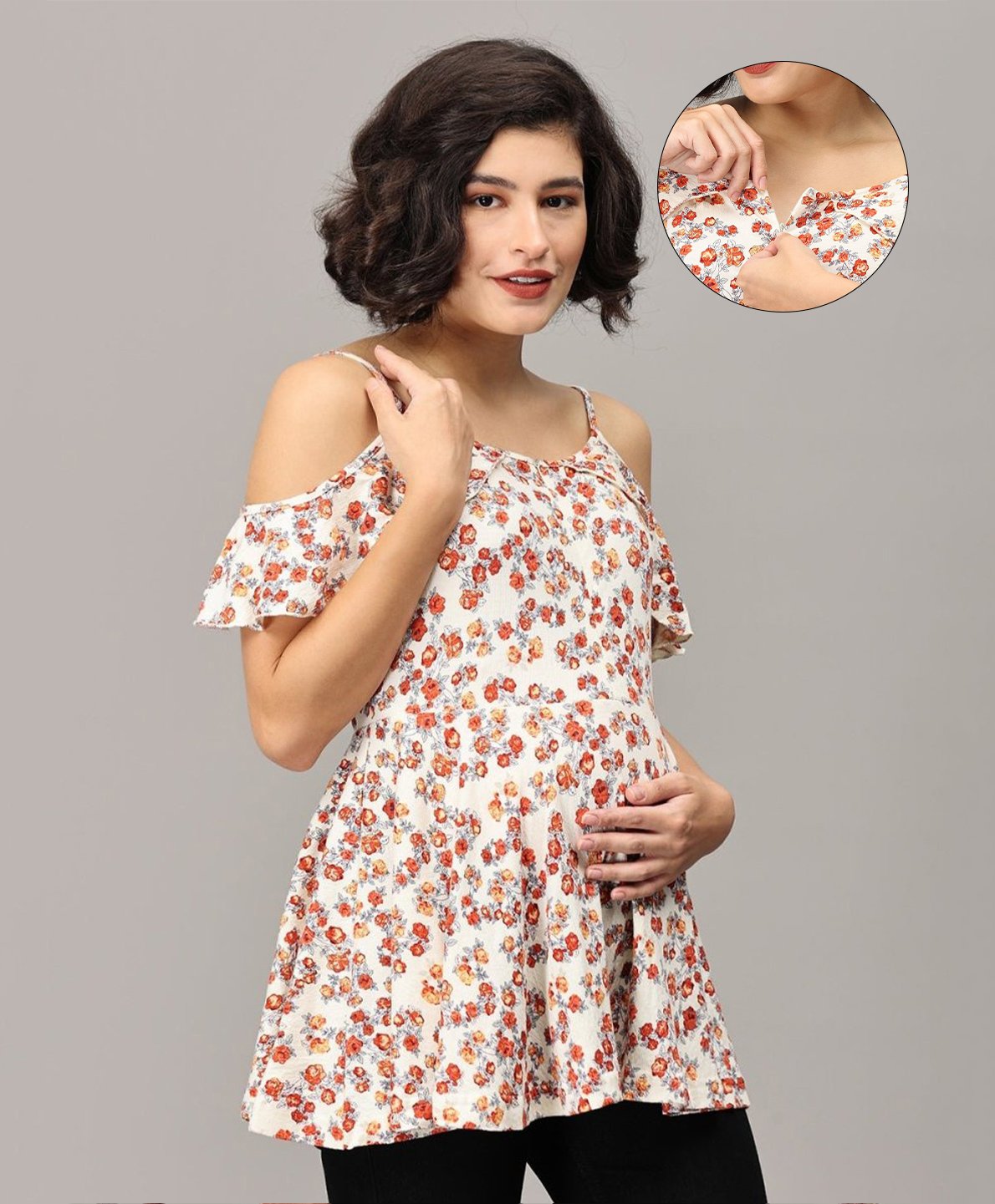 The Mom Store Cotton Cold Shoulder Sleeves Floral Printed Maternity Top With Nursing Access - Multi Colour-image-38