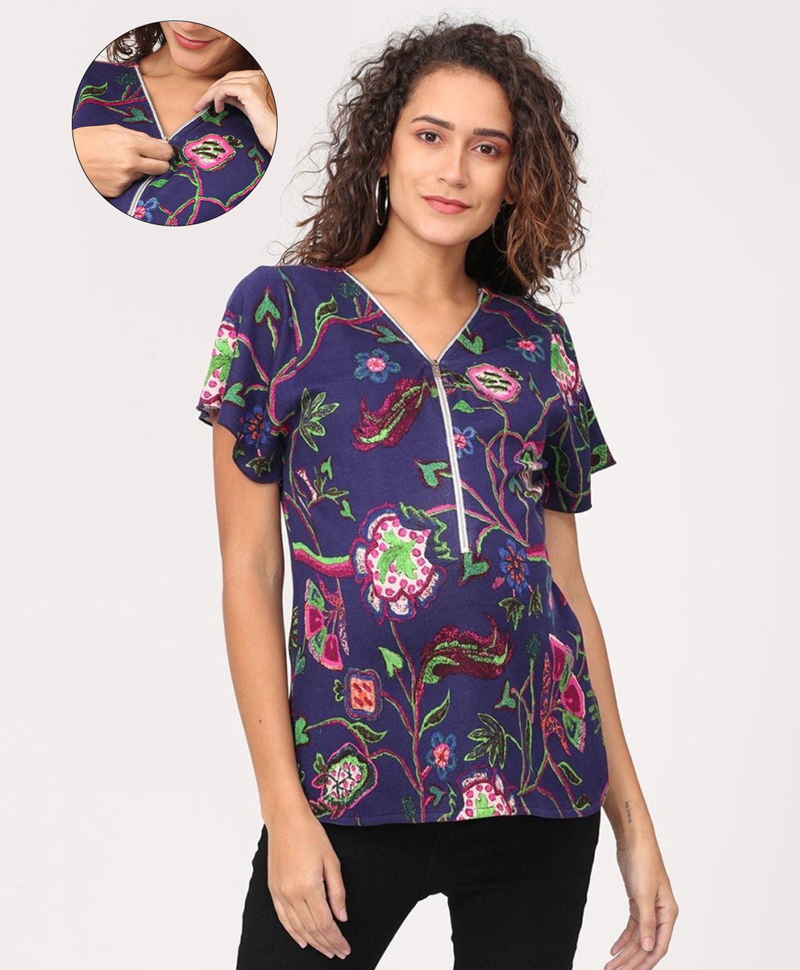 The Mom Store Cotton Half Sleeves Floral Embroidered Maternity Top With Nursing Access - Blue-picture-44