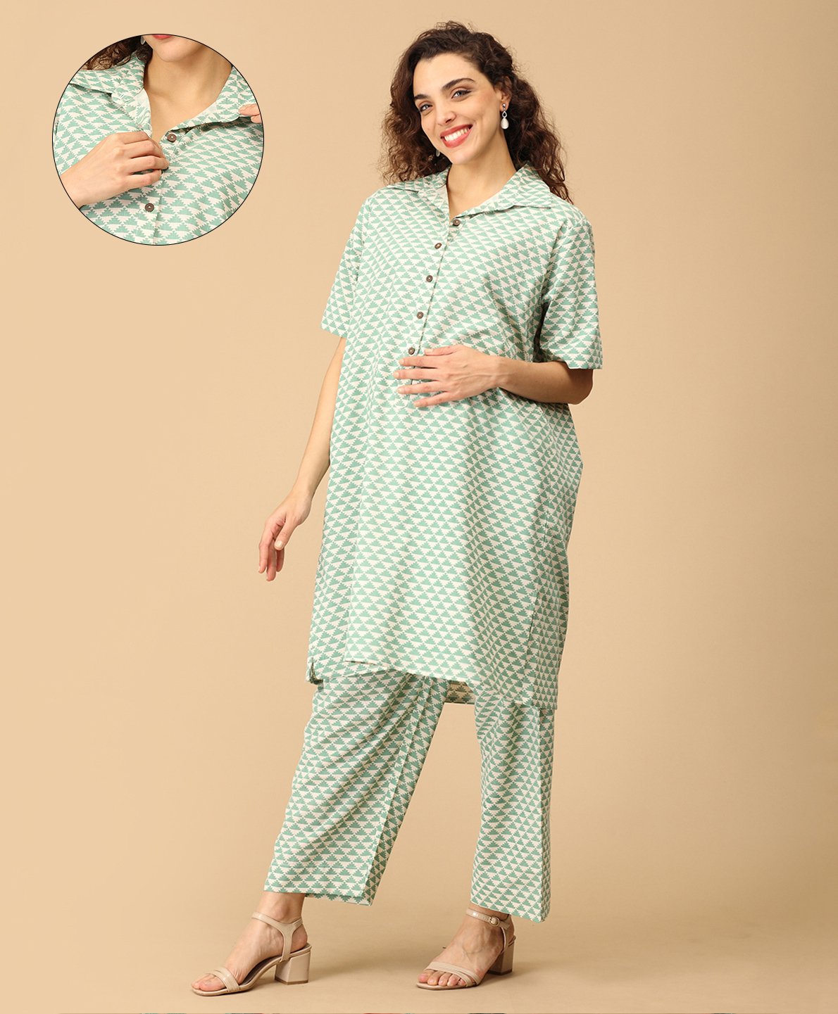The Mom Store Cotton Half Sleeves Abstract Printed Ethnic Maternity Kurta With Coordinating Pant & Nursing Access - Green-picture-17