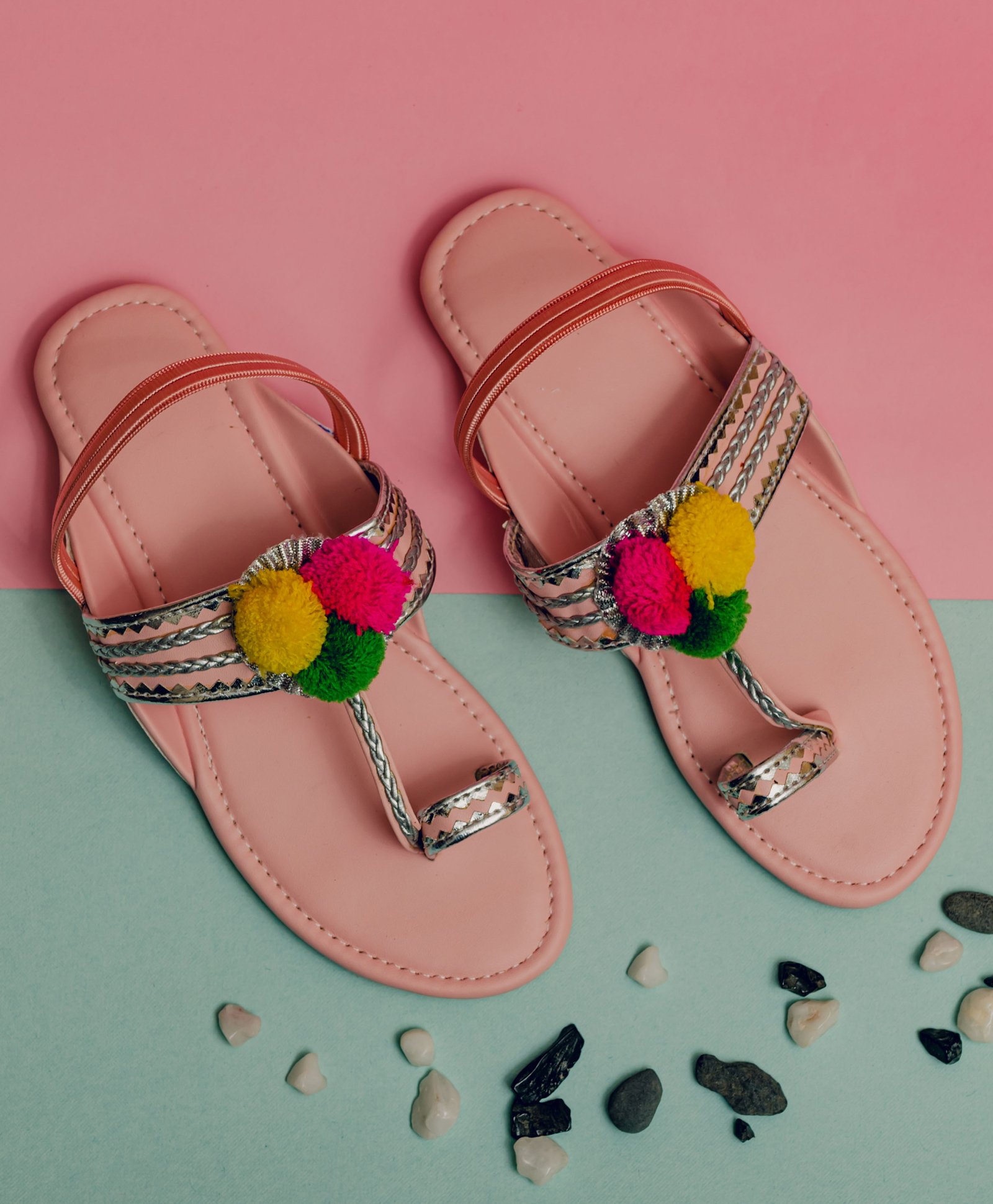 LIL PITAARA Pom Pom Embellished Kolhapuri Sandals - Pink