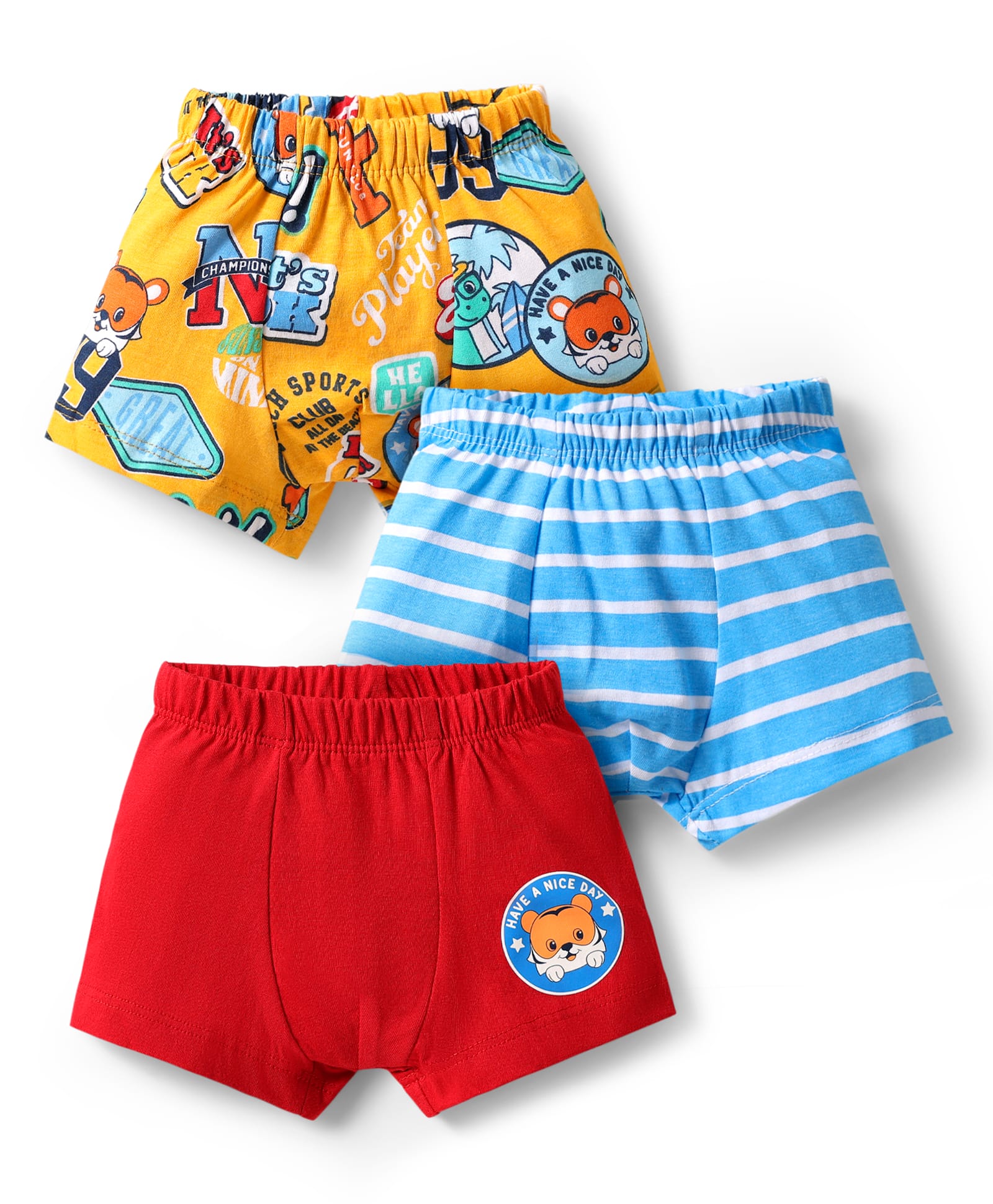 Babyhug 100% Cotton Single Jersey Knit Trunk With Stripes & Animal Print Pack Of 3 - Red Light Blue & Yellow-image-46