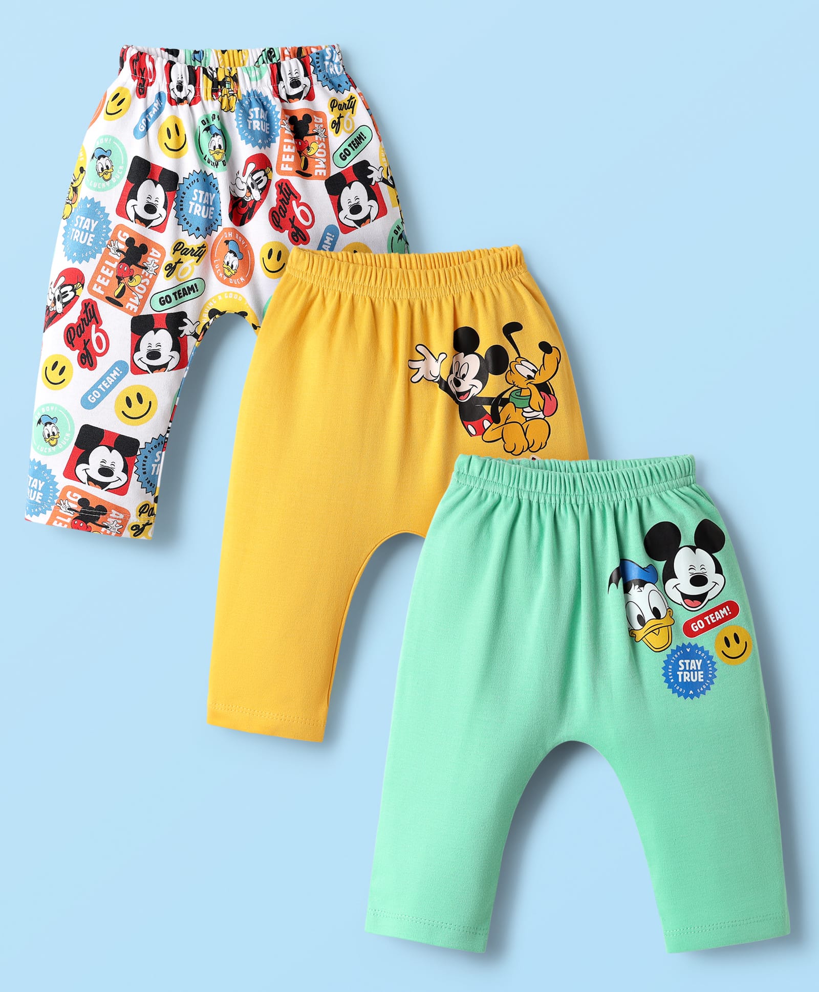 Babyhug Disney Interlock Knit Full Length Diaper Leggings with Mickey & Friends Graphic Pack of 3 - White Yellow & Light Green-picture-14