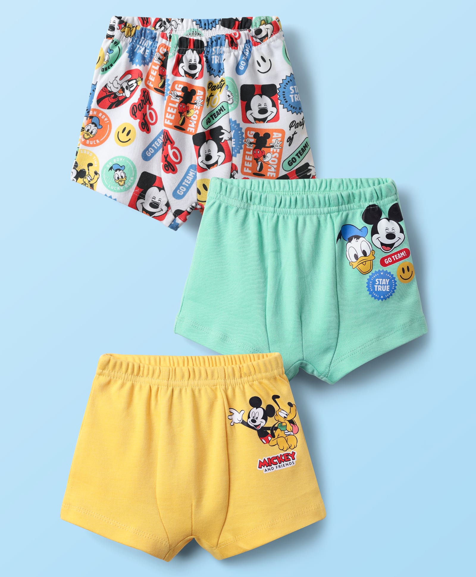 Babyhug Disney Single Jersey Knit Trunks With Mickey & Friends Graphics Pack of 3 - Yellow White & Sea Green-image-25