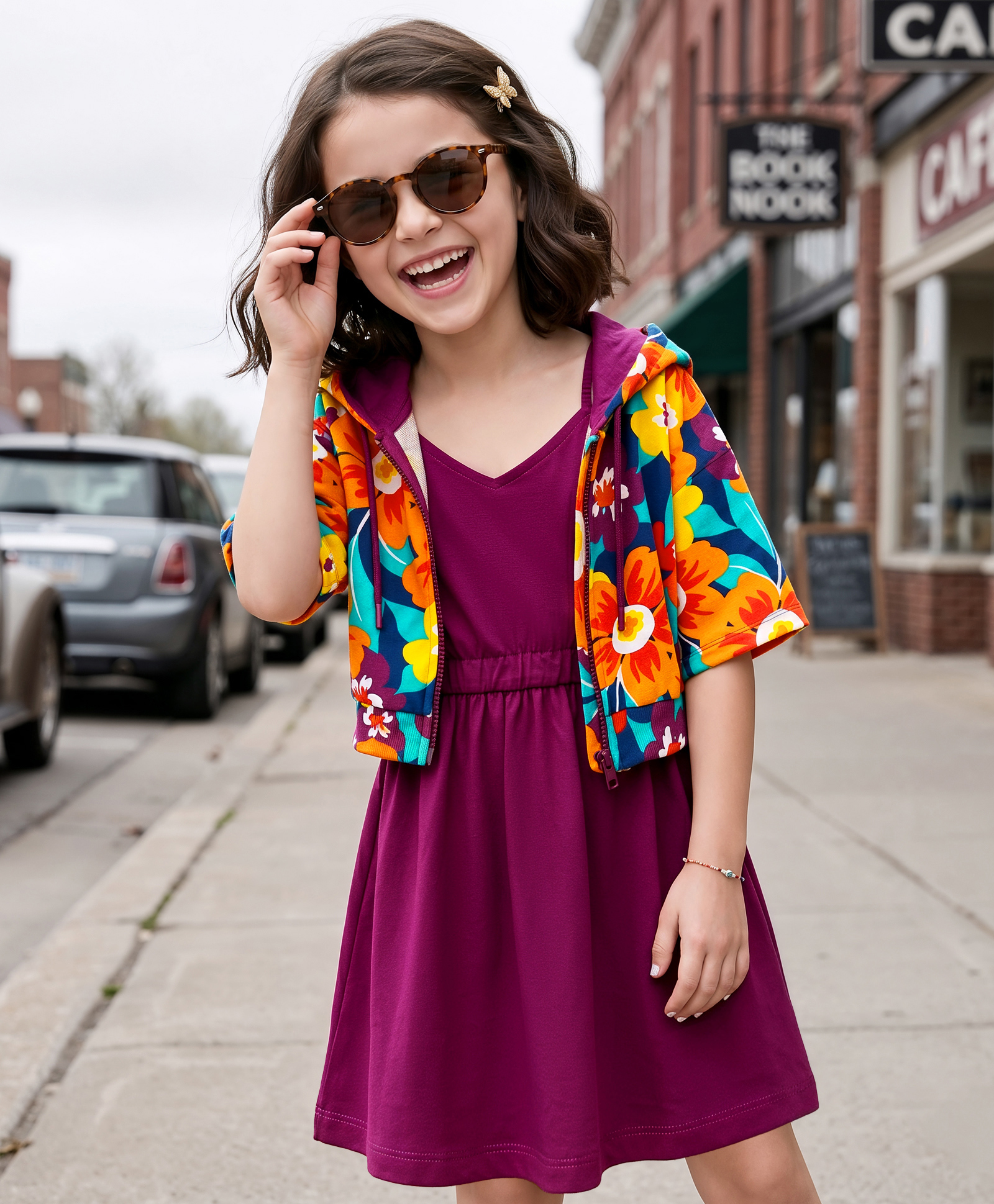 OLLINGTON ST. Cotton Half Sleeves Hoodie Jacket with Floral Print & Knit Solid Color Dress - Purple & Orange-image-25