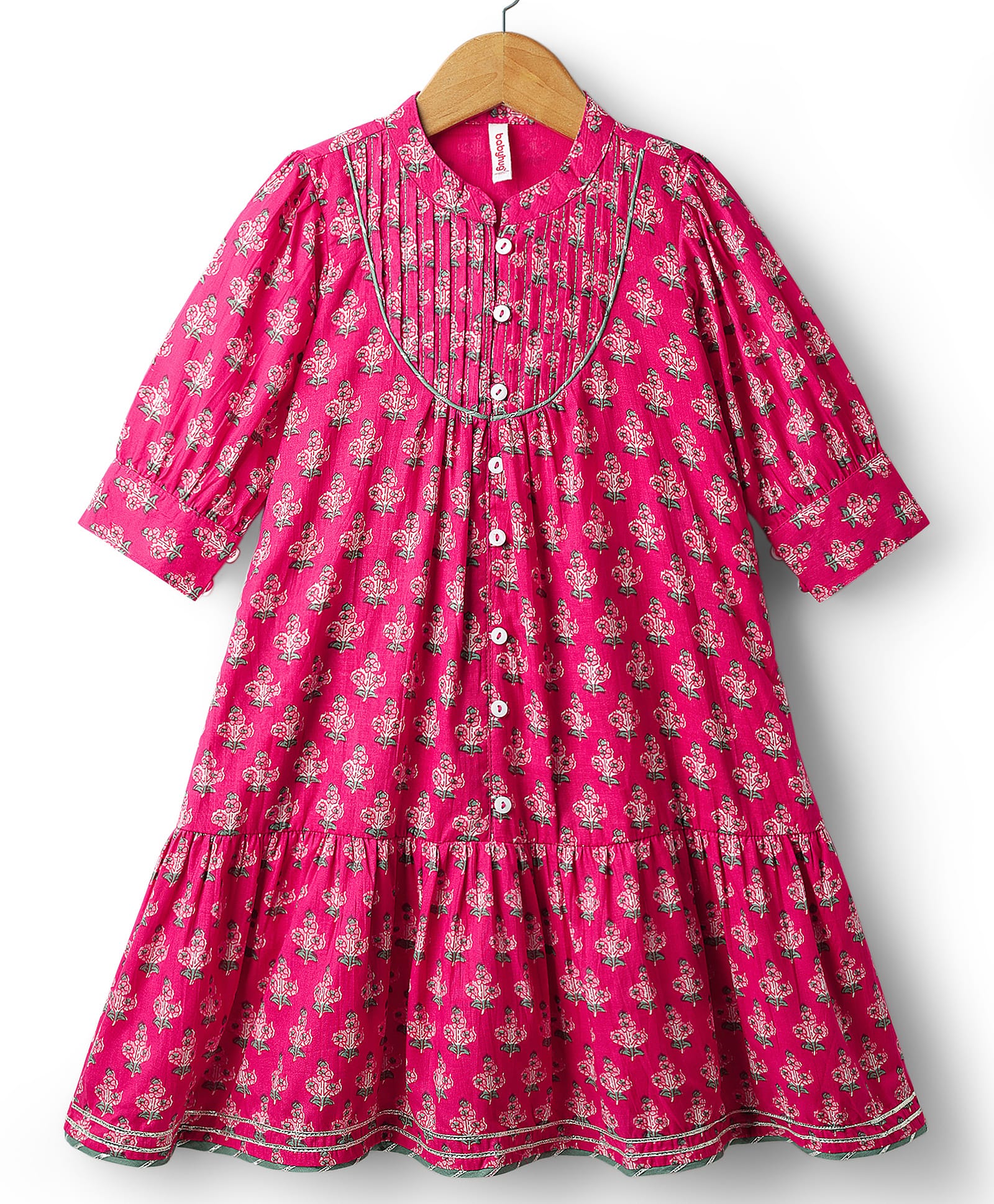 Babyhug Cotton Woven Three Fourth Sleeves Floral Cambric Printed Ethnic Dress - Fuchsia-image-44
