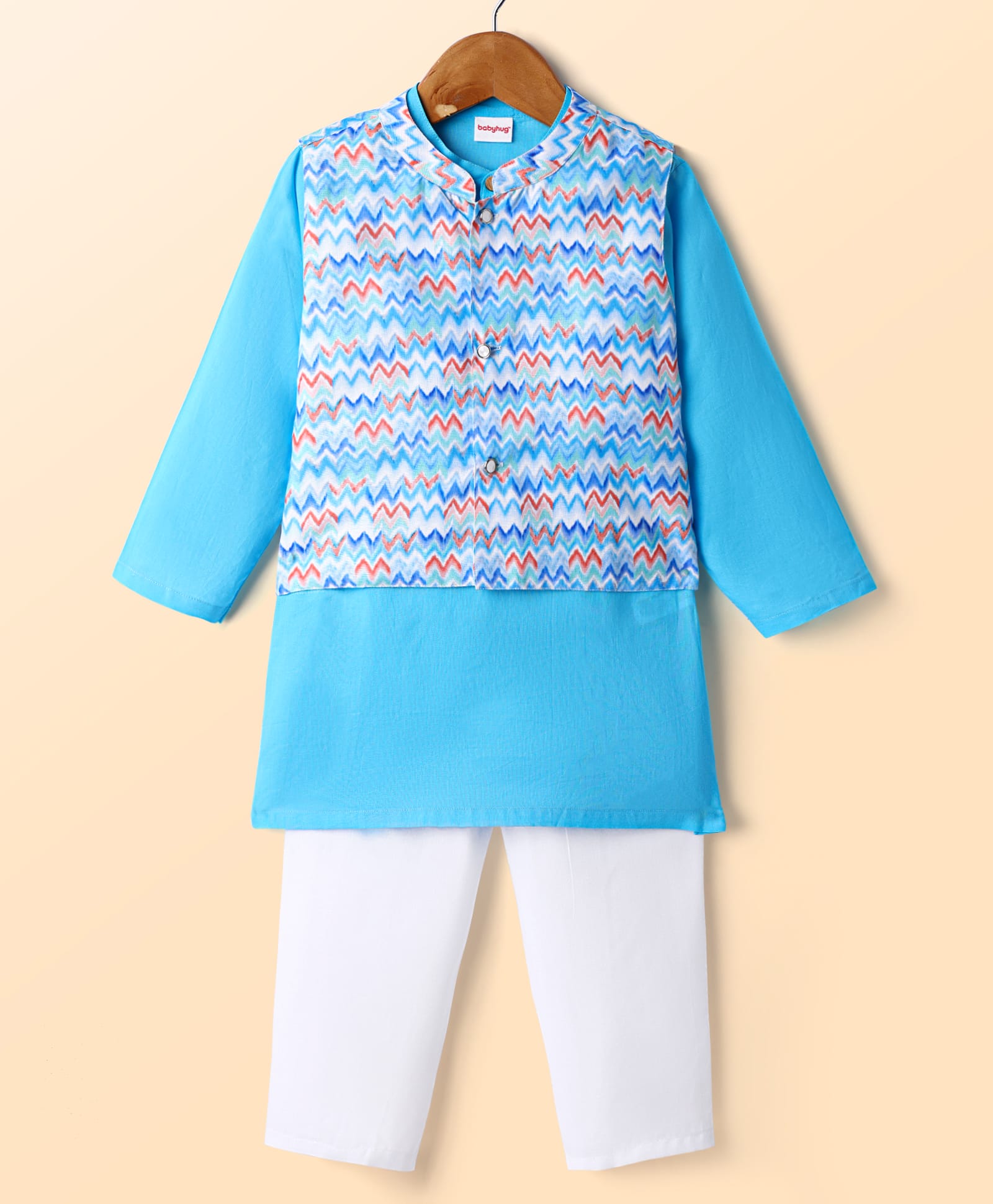 Babyhug Woven Solid Full Sleeves Kurta Pyjama Set with Printed Jacket - Blue-picture-25