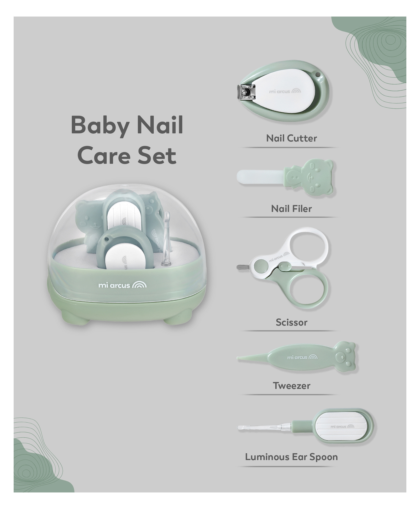 Mi Arcus Baby Grooming Scissors & Nail Clipper Kit Manicure Set Pack of 5- Green, 0M+-image-10