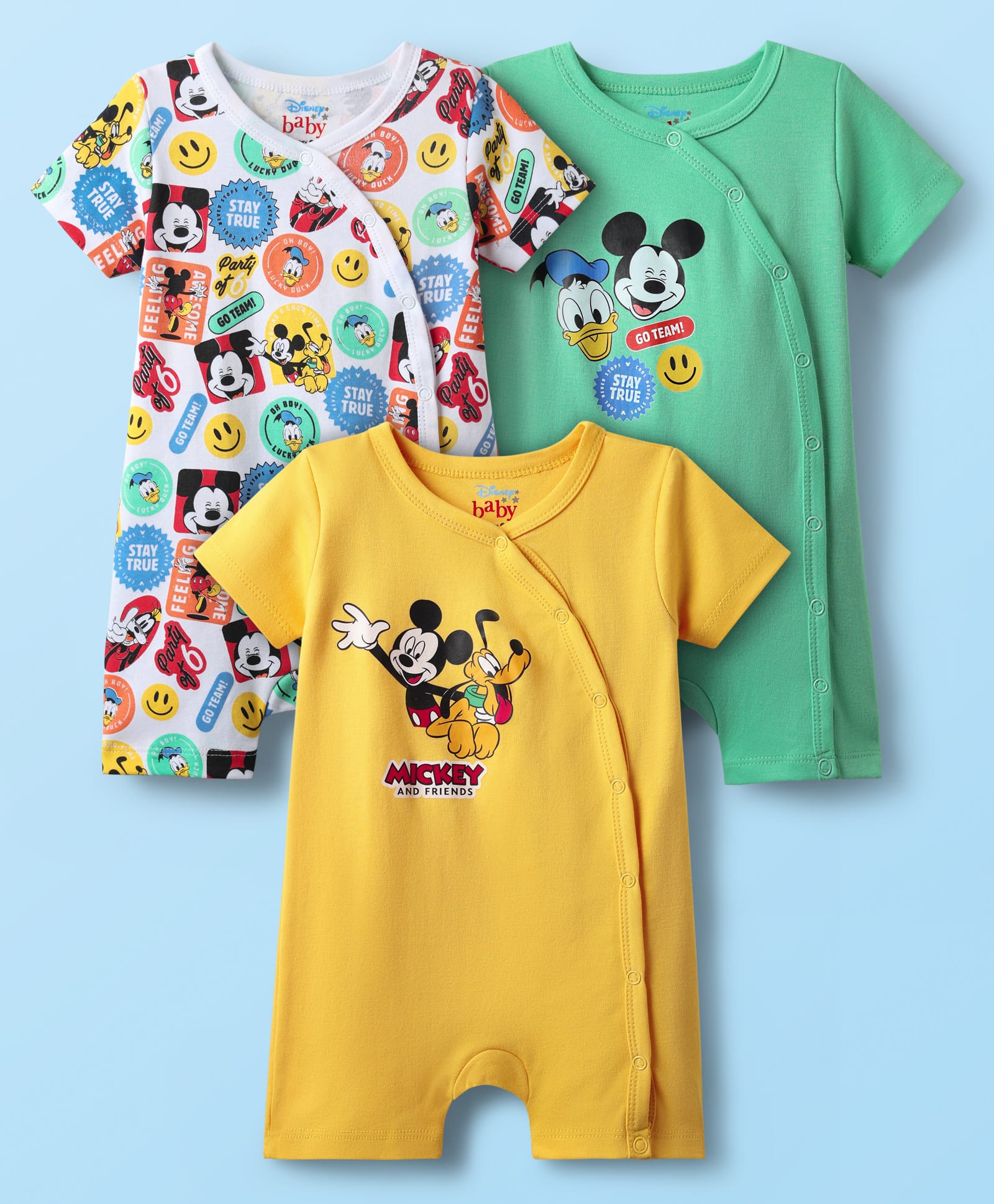 Babyhug Disney Interlock Knit Half Sleeves Rompers with Mickey Mouse & Friends Print Pack of 3 - White Green & Yellow-picture-10