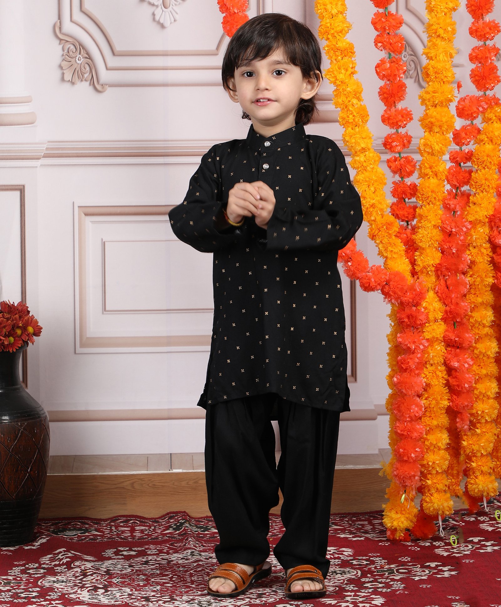 Polka Tots Cotton Full Sleeves Foil Printed Kurta & Pyjama Set - Black-image-41