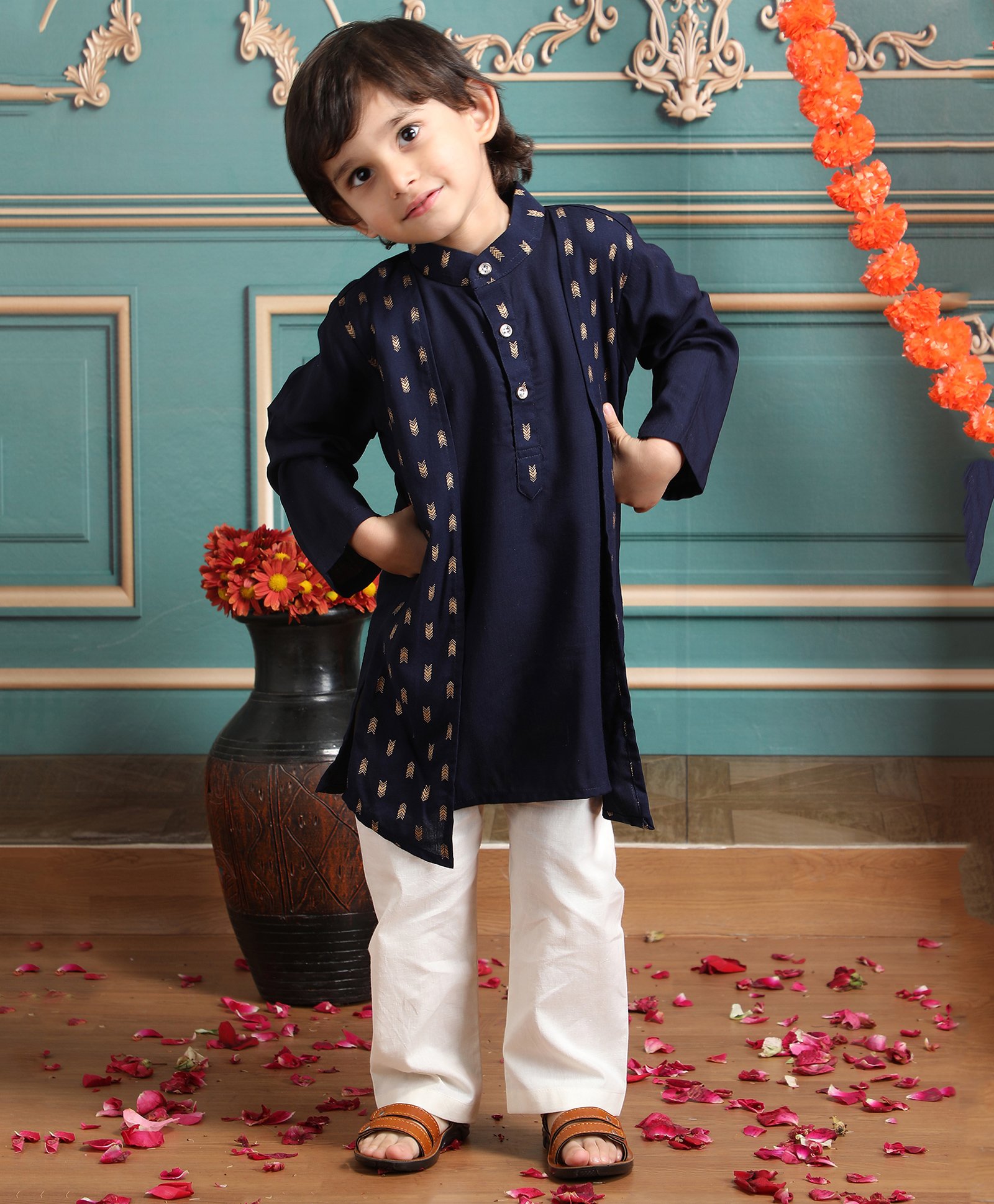 Polka Tots Cotton Full Sleeves Ethnic Foil Printed Kurta Pyjama Set - Navy Blue-image-49