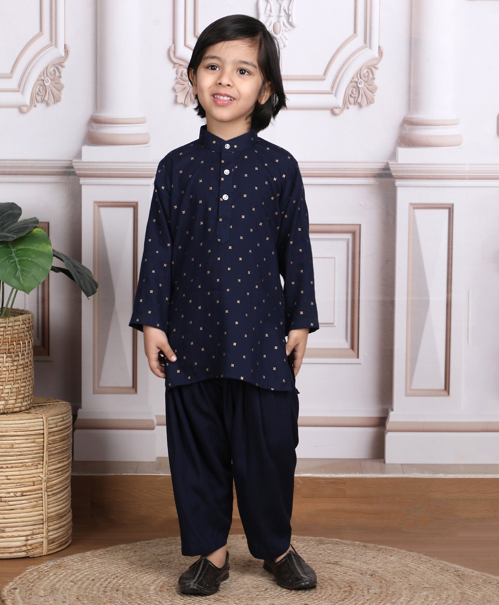 Polka Tots Cotton Full Sleeve Ethnic Foil Motifs Printed Kurta Pyjama Set - Navy Blue-picture-13