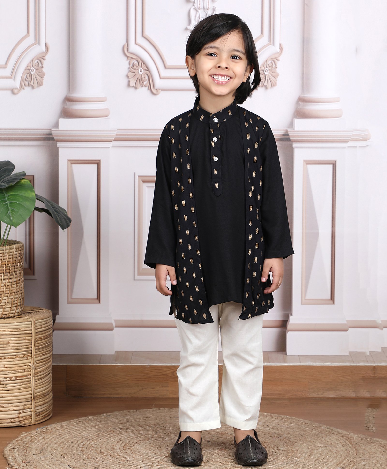 Polka Tots Cotton Full Sleeves Abstract Foil Printed Kurta Pyjama Set - Black-picture-16